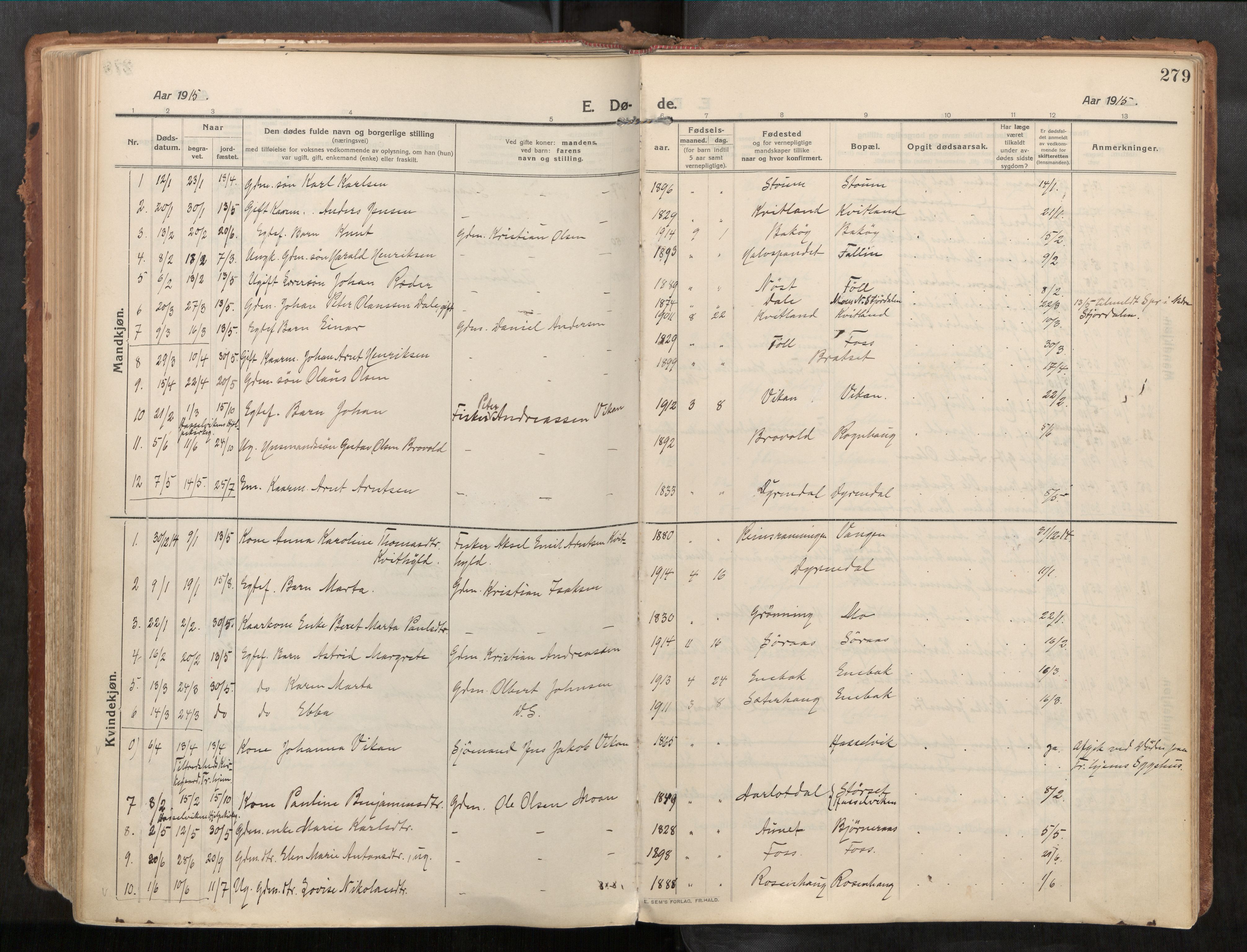 Stadsbygd sokneprestkontor, AV/SAT-A-1117/1/I/I1/I1a/L0001: Parish register (official) no. 1, 1911-1929, p. 279