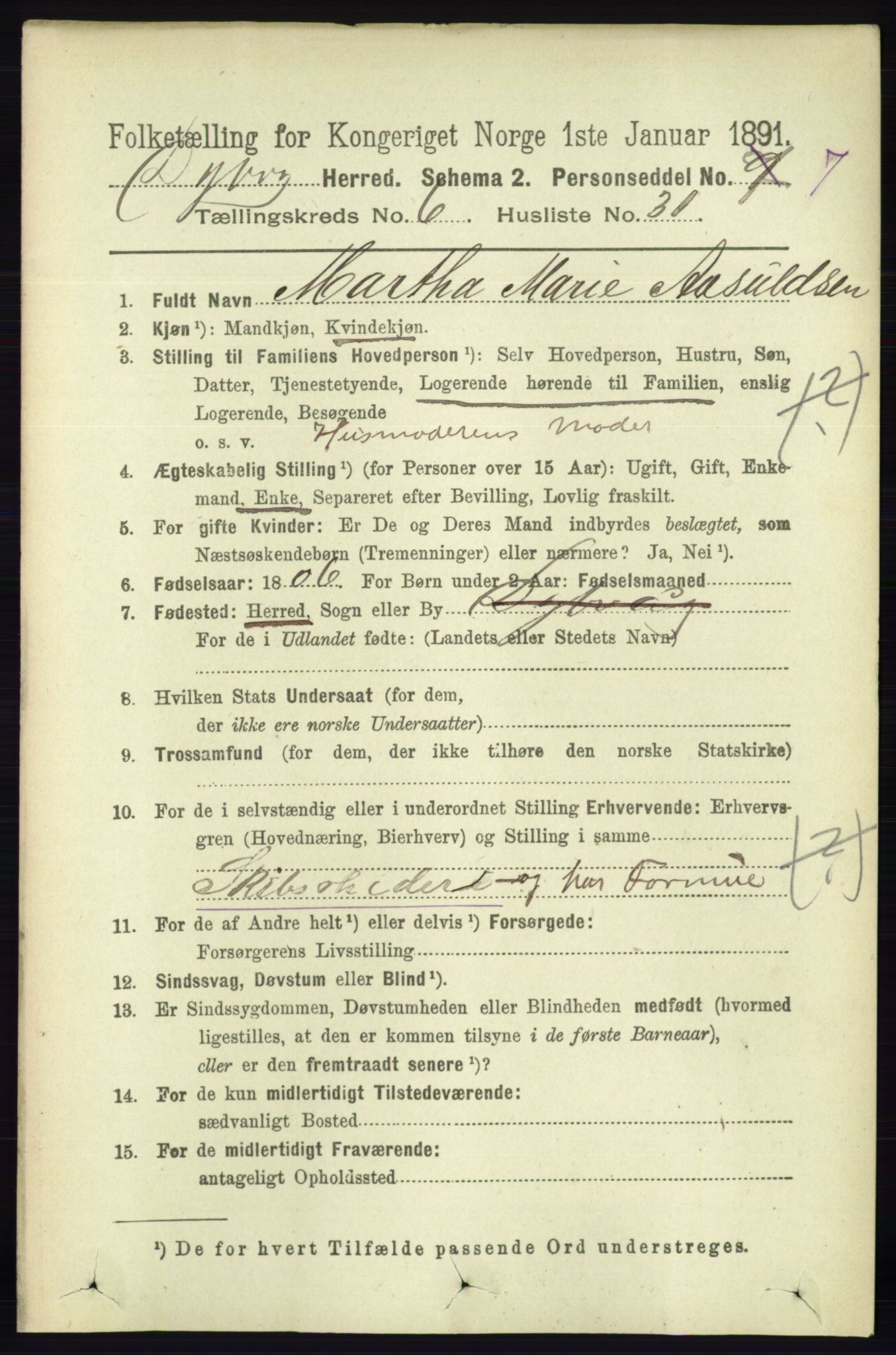 RA, 1891 census for 0915 Dypvåg, 1891, p. 1957