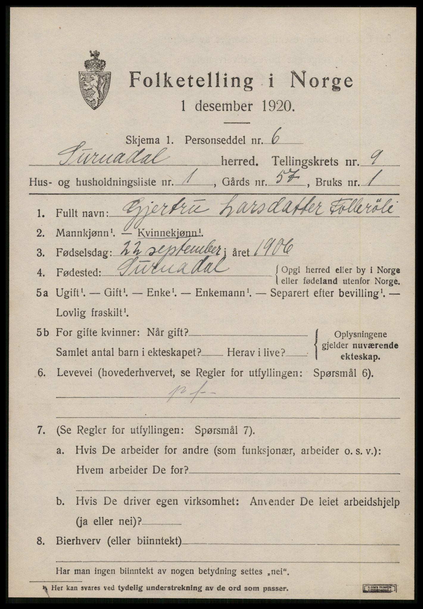 SAT, 1920 census for Surnadal, 1920, p. 6367