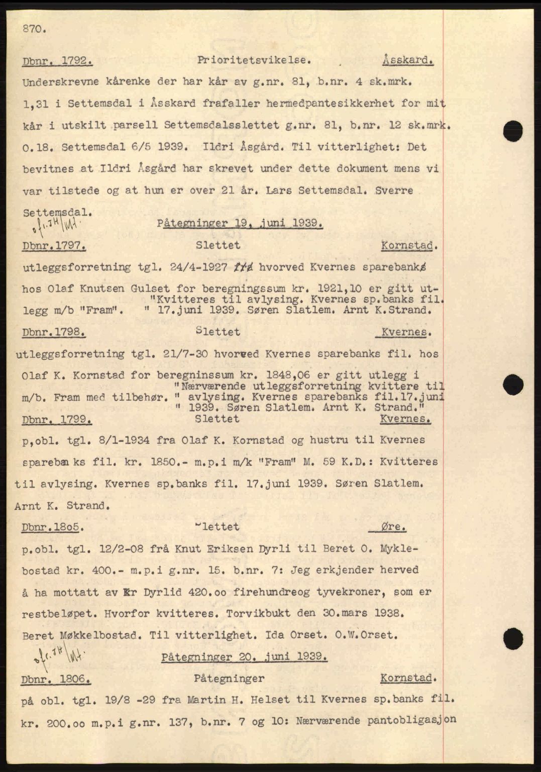 Nordmøre sorenskriveri, AV/SAT-A-4132/1/2/2Ca: Mortgage book no. C80, 1936-1939, Diary no: : 1792/1939