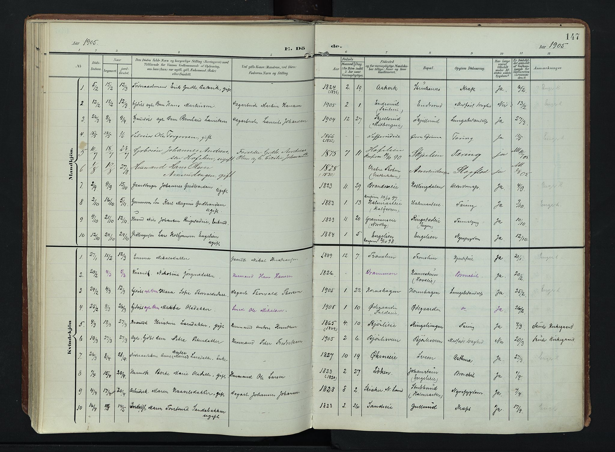 Søndre Land prestekontor, AV/SAH-PREST-122/K/L0007: Parish register (official) no. 7, 1905-1914, p. 147