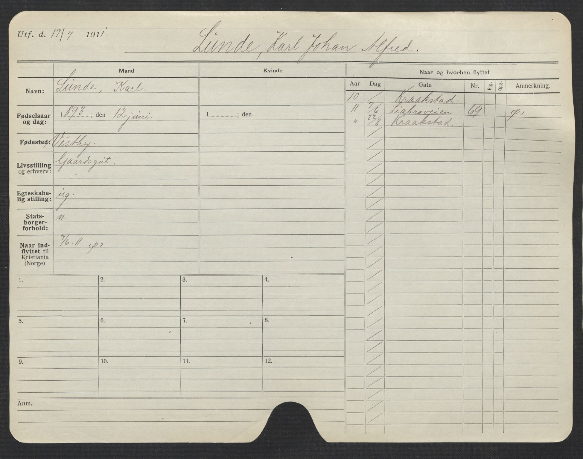 Oslo folkeregister, Registerkort, AV/SAO-A-11715/F/Fa/Fac/L0007: Menn, 1906-1914, p. 302a