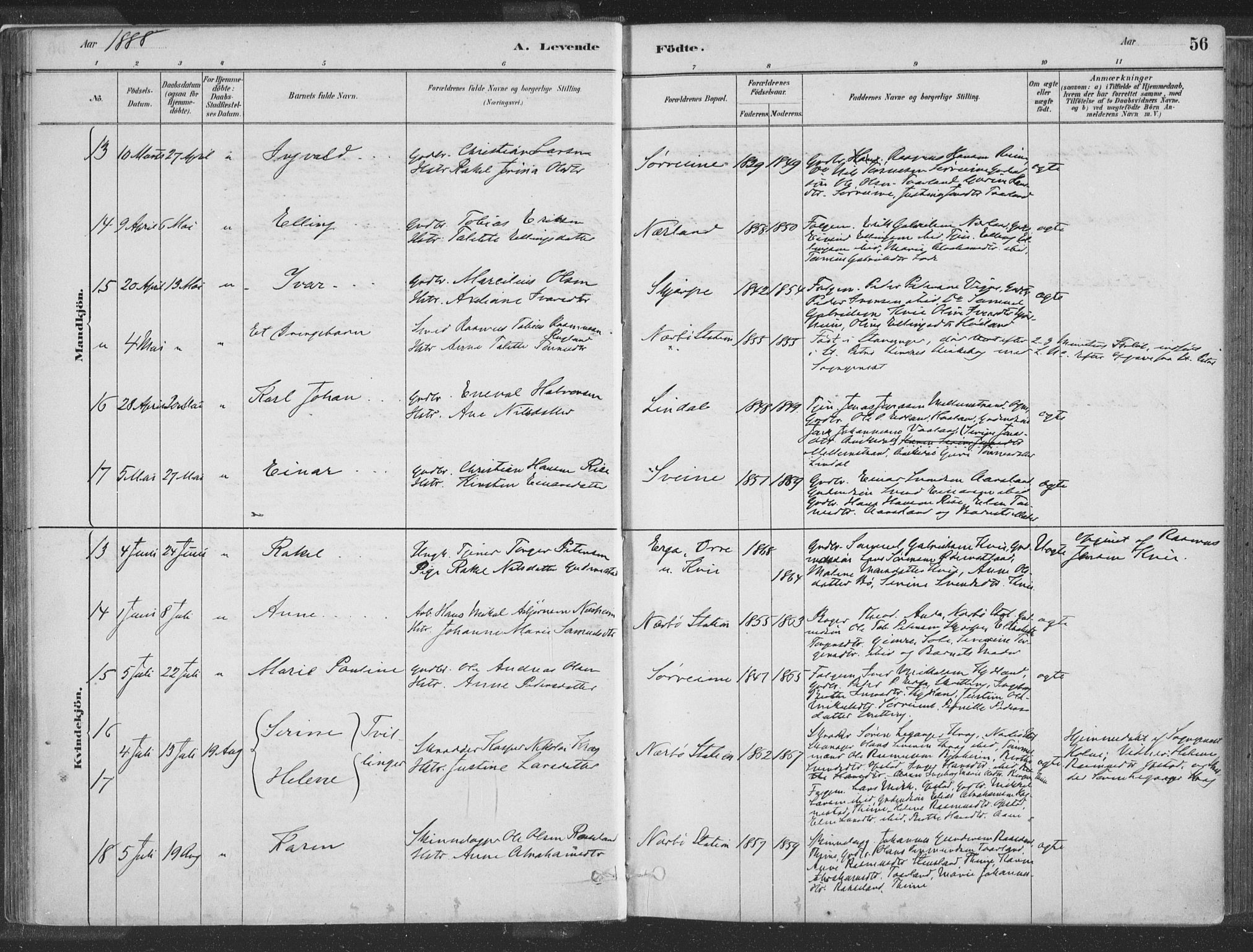 Hå sokneprestkontor, SAST/A-101801/001/30BA/L0010: Parish register (official) no. A 9, 1879-1896, p. 56