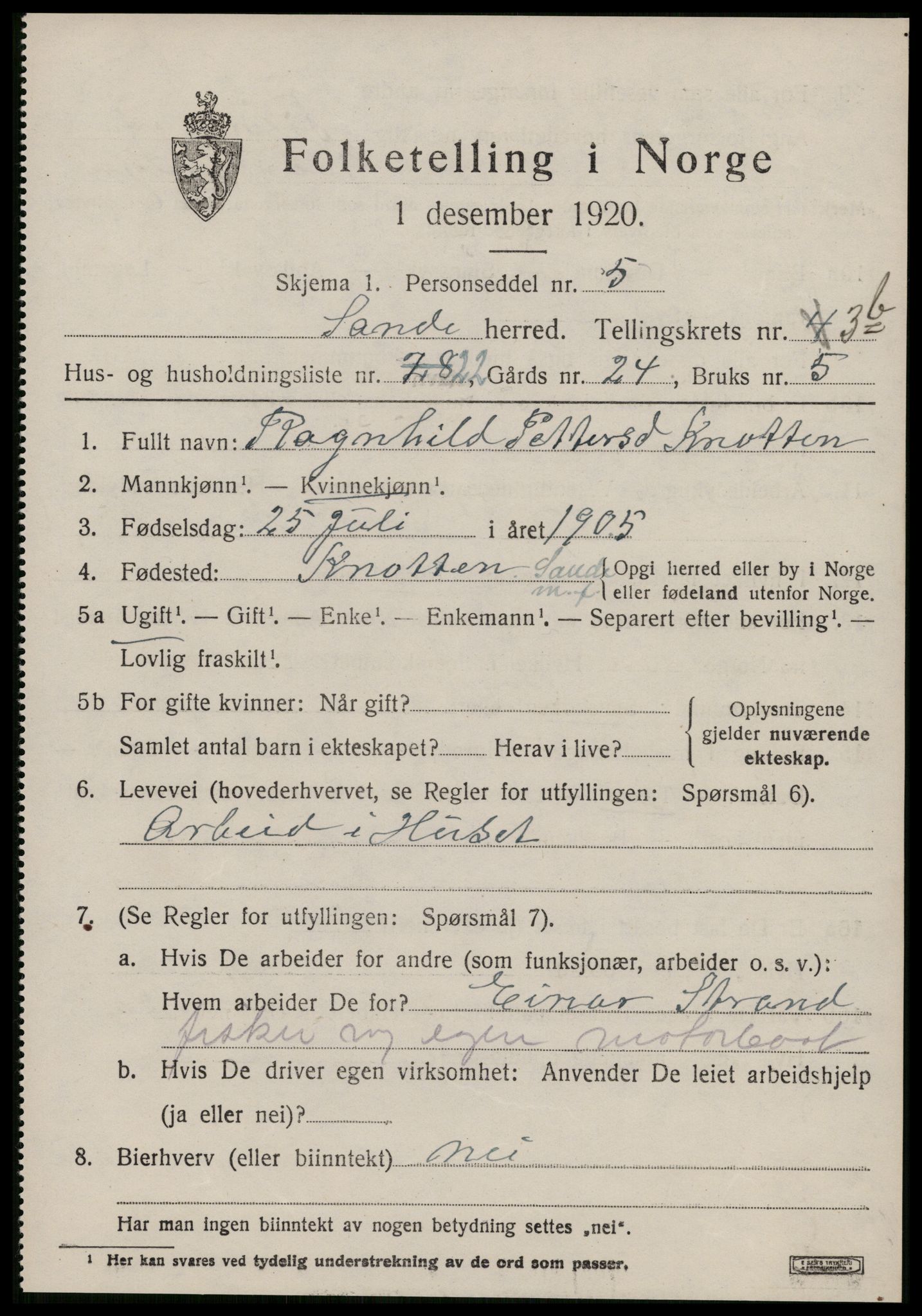 SAT, 1920 census for Sande (MR), 1920, p. 2958