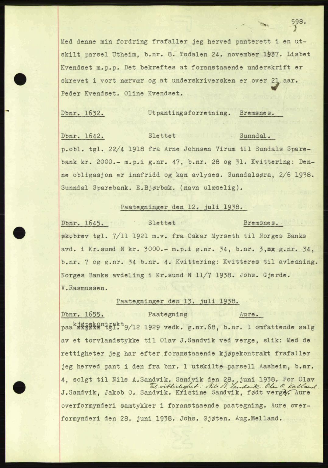 Nordmøre sorenskriveri, AV/SAT-A-4132/1/2/2Ca: Mortgage book no. C80, 1936-1939, Diary no: : 1632/1938