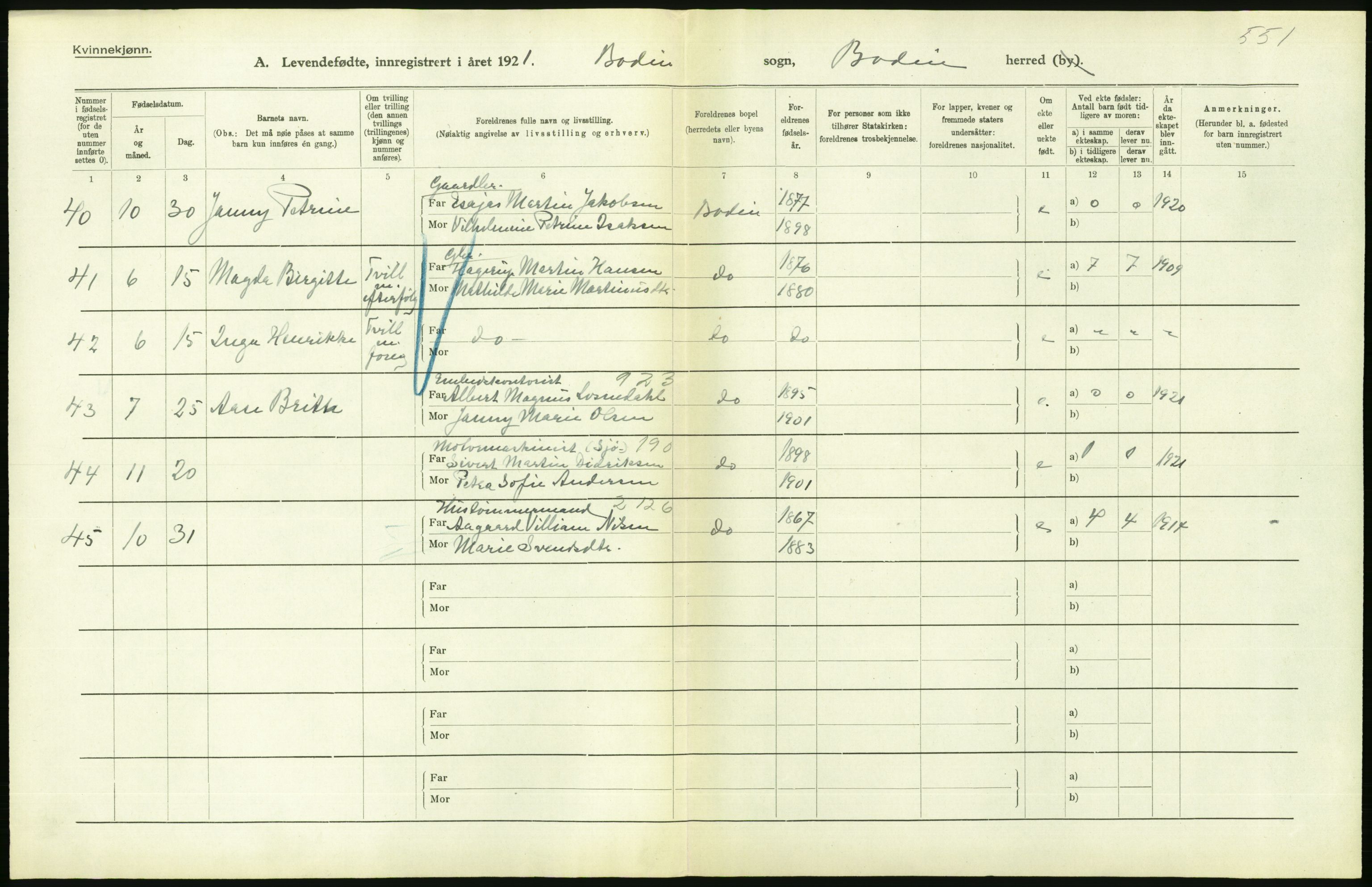 Statistisk sentralbyrå, Sosiodemografiske emner, Befolkning, AV/RA-S-2228/D/Df/Dfc/Dfca/L0049: Nordland fylke: Levendefødte menn og kvinner. Bygder., 1921, p. 178