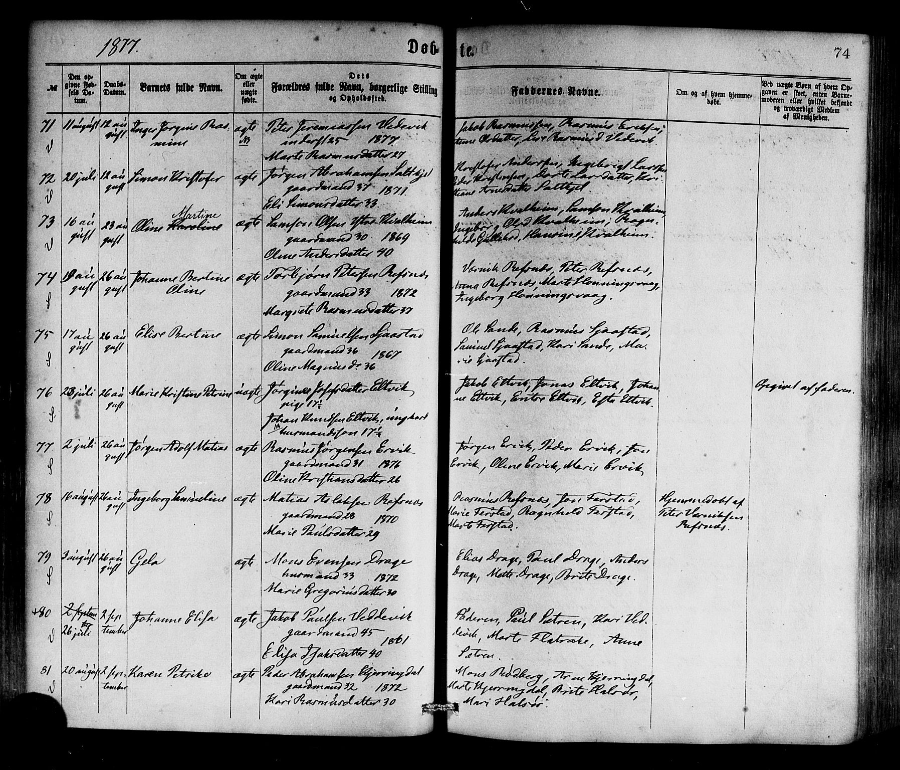 Selje sokneprestembete, AV/SAB-A-99938/H/Ha/Haa/Haaa: Parish register (official) no. A 12, 1870-1880, p. 74