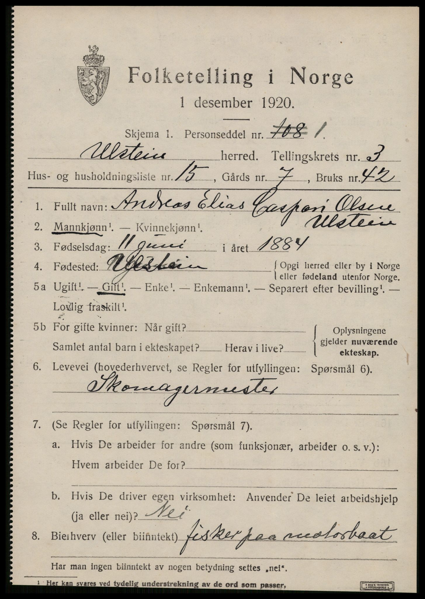 SAT, 1920 census for Ulstein, 1920, p. 1836