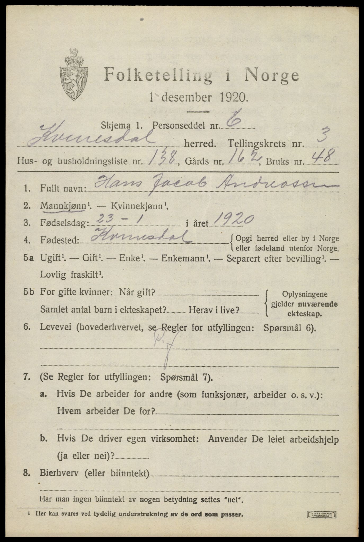 SAK, 1920 census for Kvinesdal, 1920, p. 4481