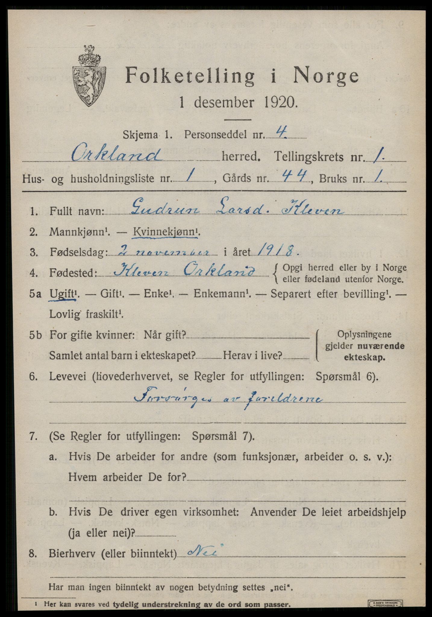 SAT, 1920 census for Orkland, 1920, p. 752