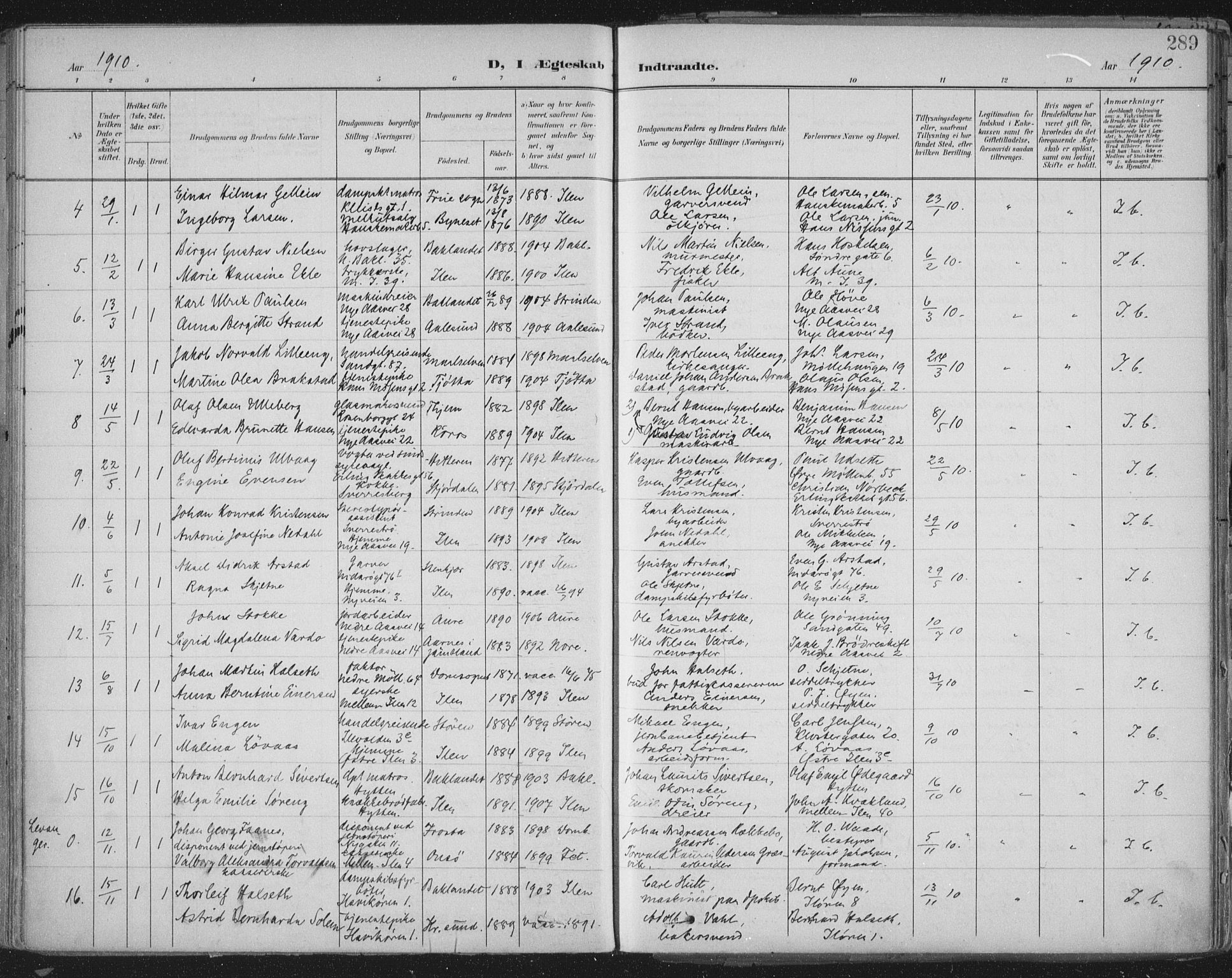 Ministerialprotokoller, klokkerbøker og fødselsregistre - Sør-Trøndelag, SAT/A-1456/603/L0167: Parish register (official) no. 603A06, 1896-1932, p. 289