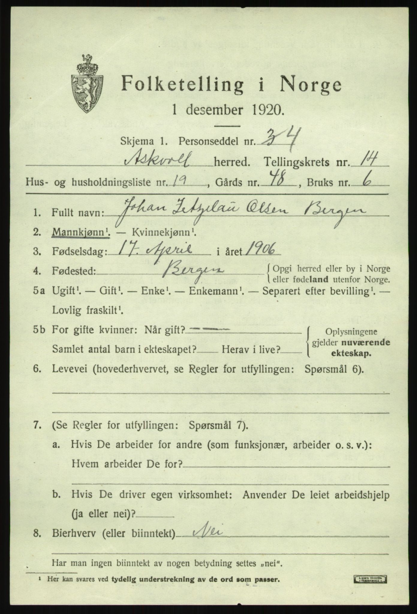 SAB, 1920 census for Askvoll, 1920, p. 5518