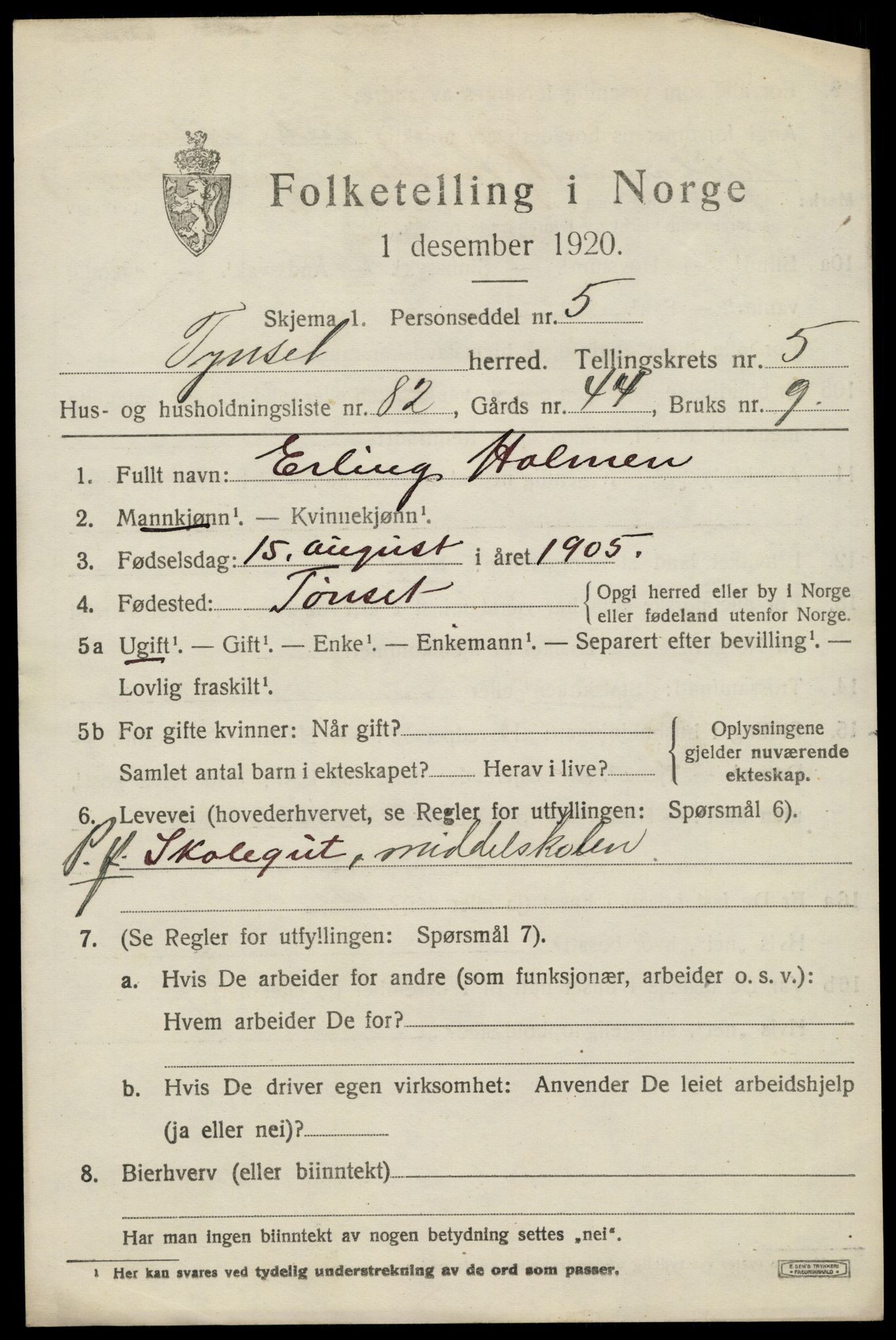 SAH, 1920 census for Tynset, 1920, p. 5488