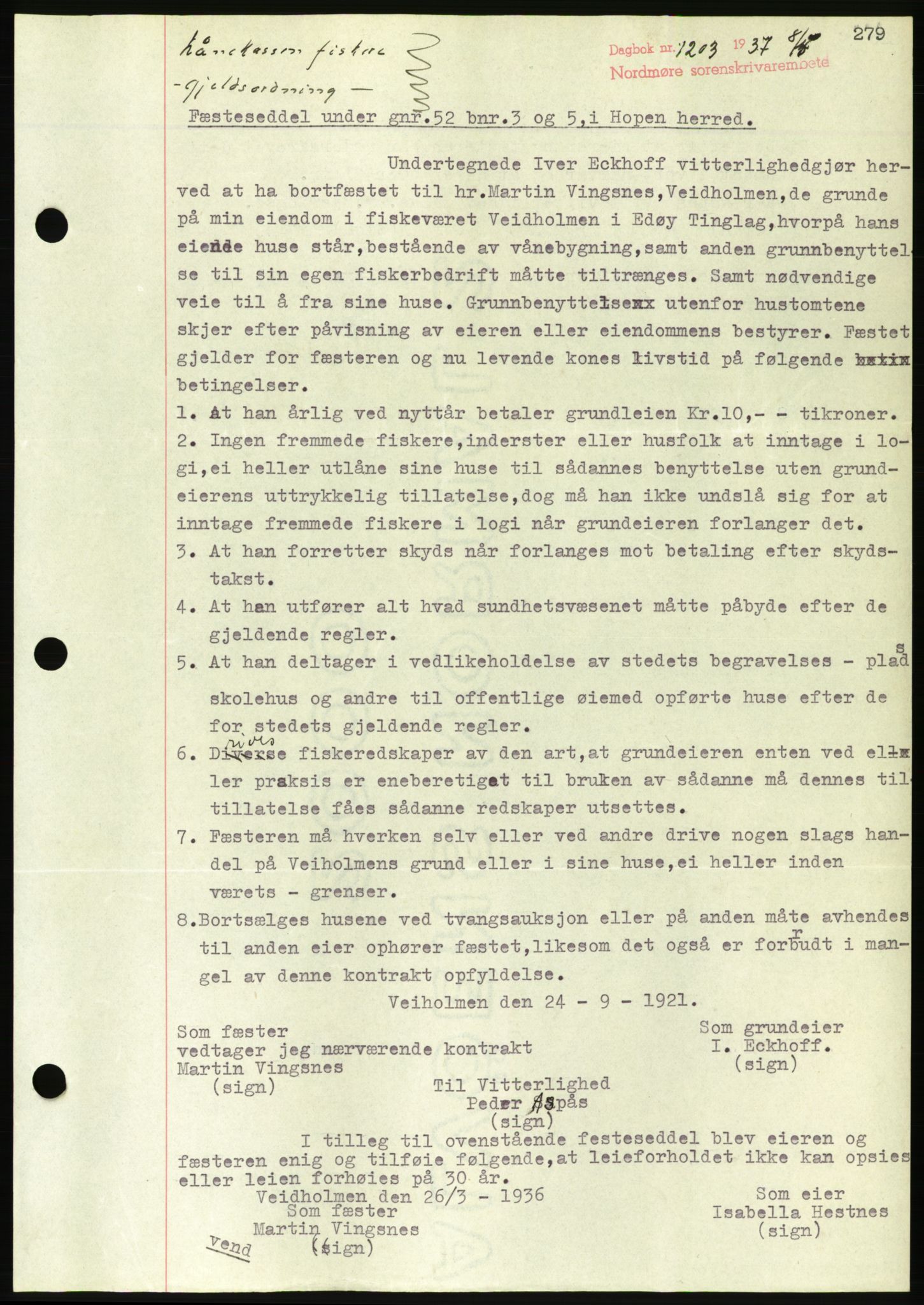 Nordmøre sorenskriveri, AV/SAT-A-4132/1/2/2Ca/L0091: Mortgage book no. B81, 1937-1937, Diary no: : 1203/1937