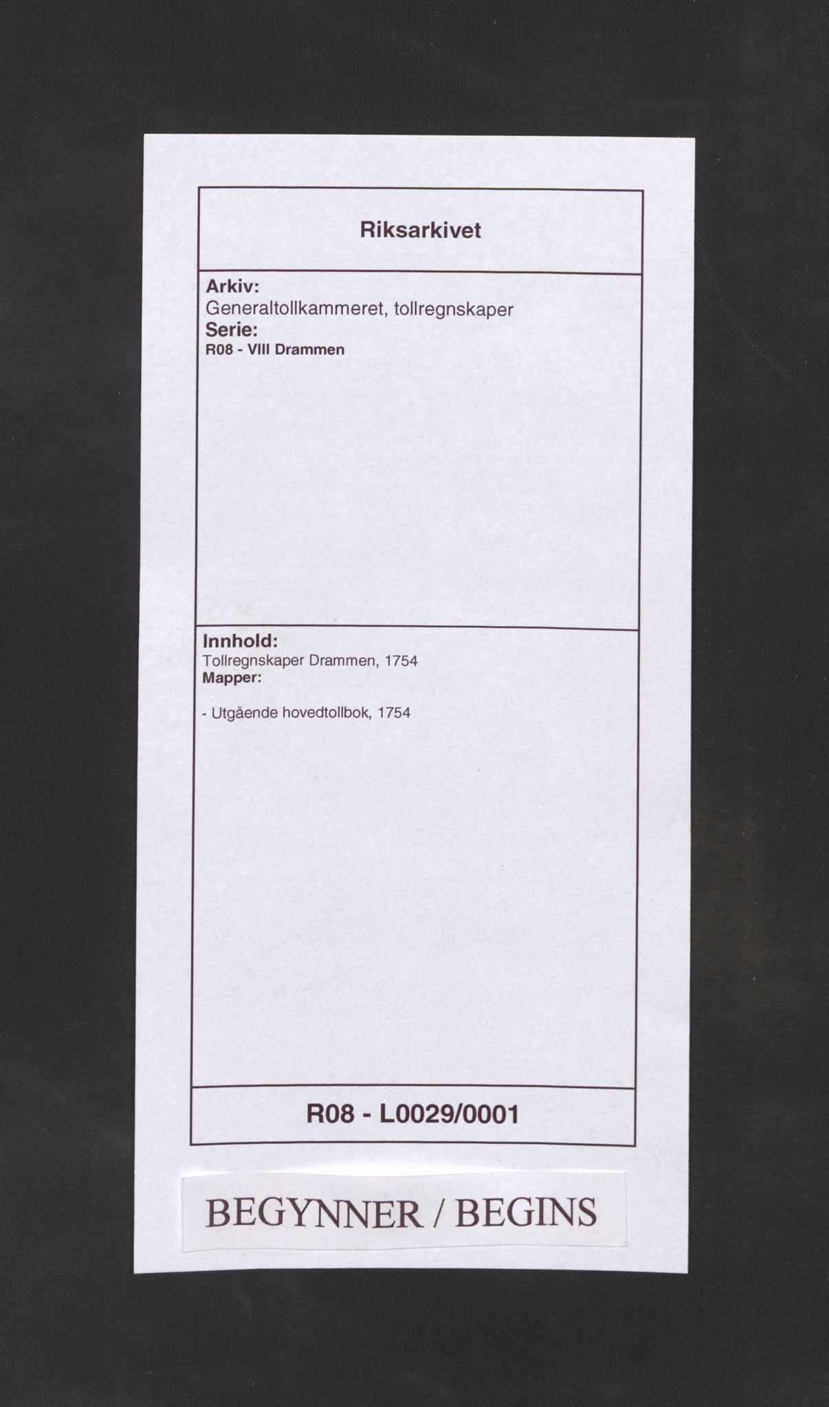 Generaltollkammeret, tollregnskaper, RA/EA-5490/R08/L0029/0001: Tollregnskaper Drammen / Utgående hovedtollbok, 1754