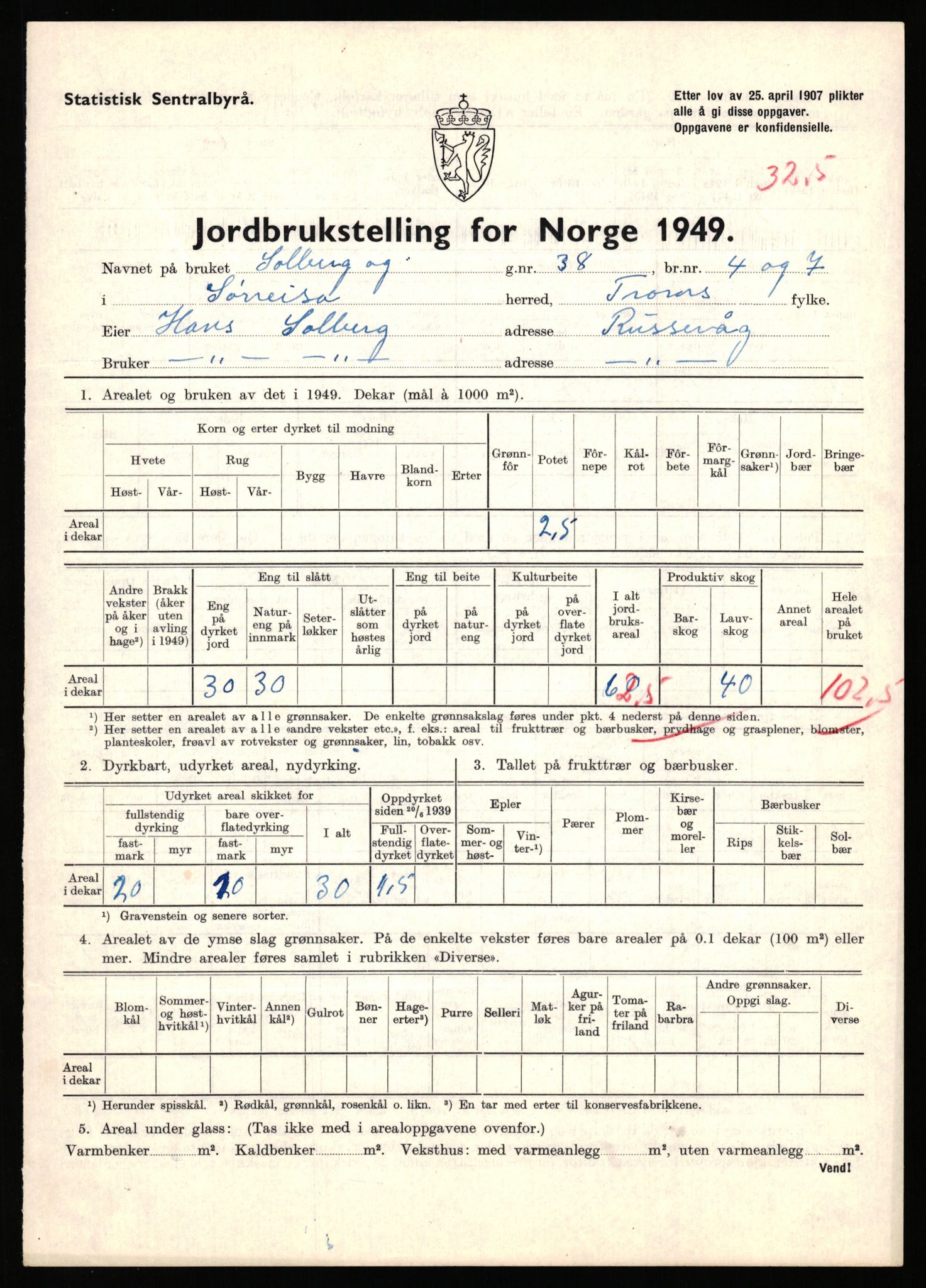 Statistisk sentralbyrå, Næringsøkonomiske emner, Jordbruk, skogbruk, jakt, fiske og fangst, AV/RA-S-2234/G/Gc/L0440: Troms: Sørreisa og Dyrøy, 1949, p. 802