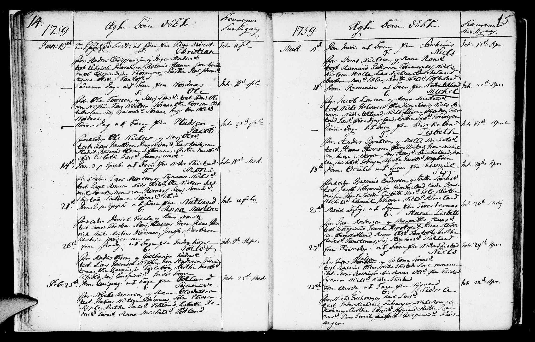 Fana Sokneprestembete, SAB/A-75101/H/Haa/Haaa/L0004: Parish register (official) no. A 4, 1757-1774, p. 14-15