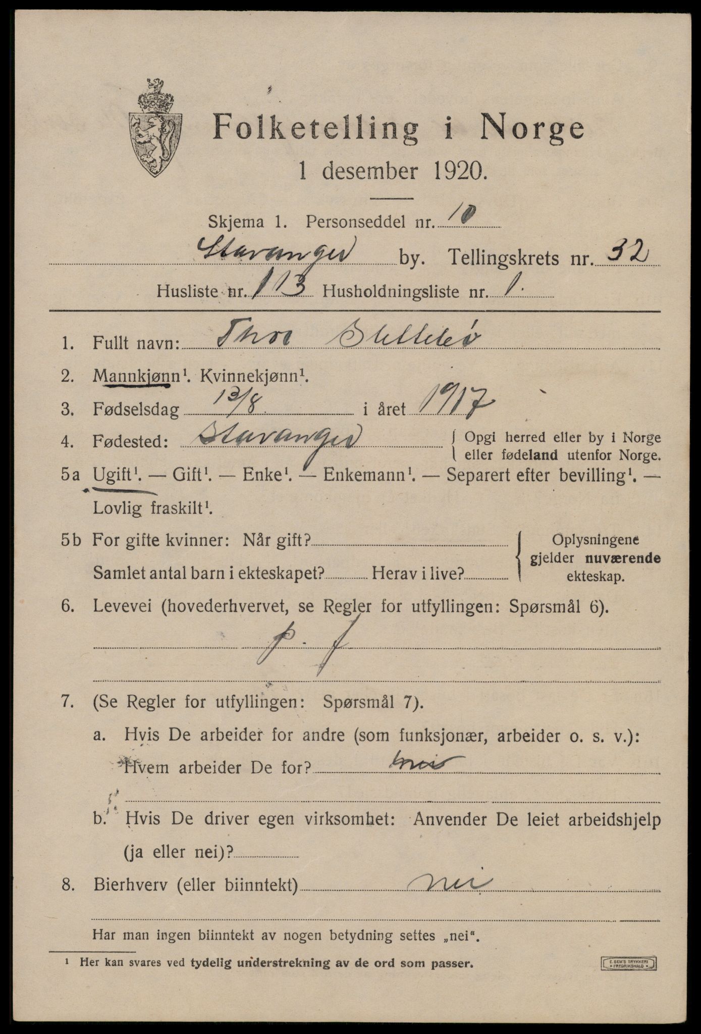 SAST, 1920 census for Stavanger, 1920, p. 90690