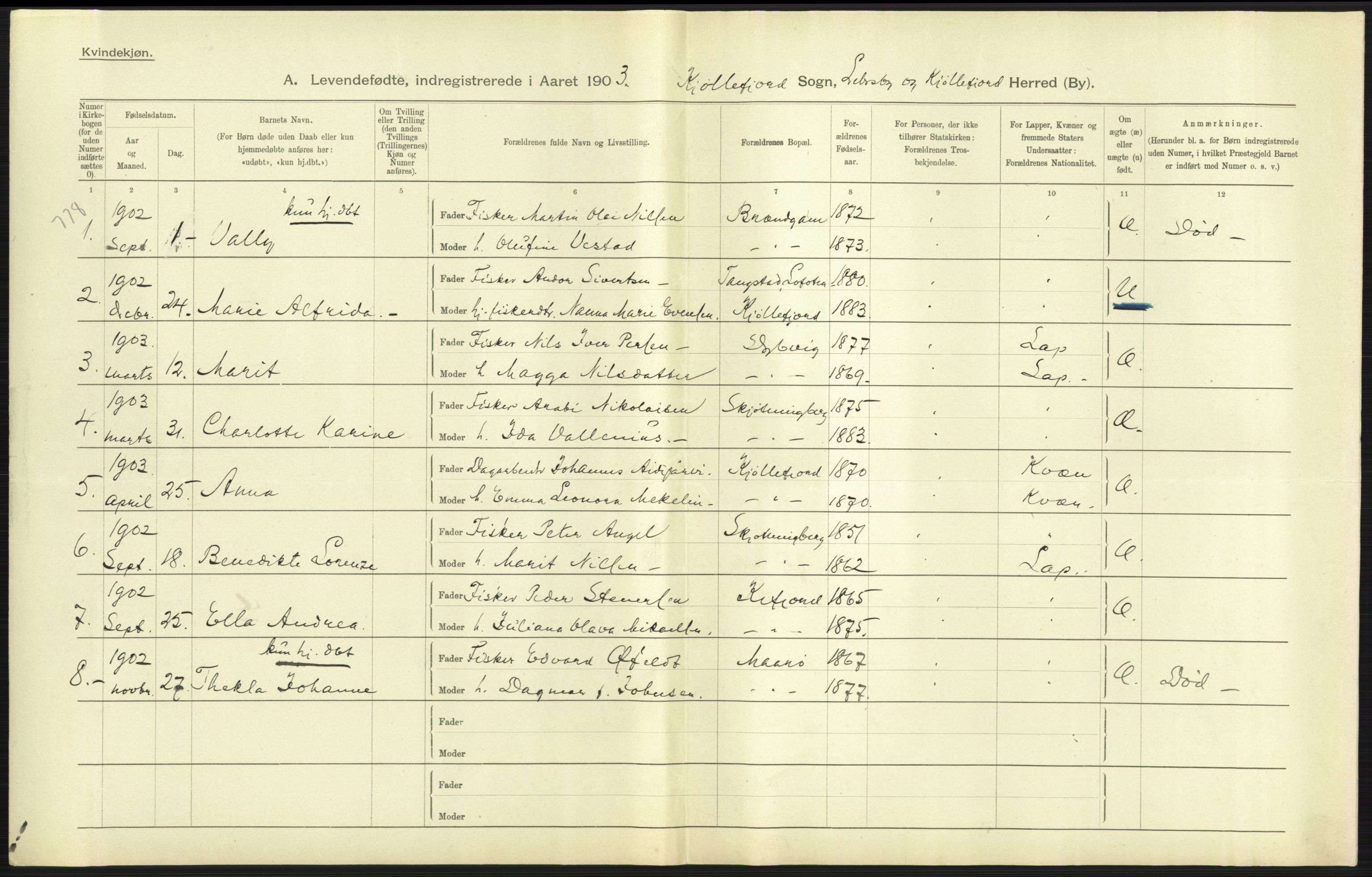 Statistisk sentralbyrå, Sosiodemografiske emner, Befolkning, AV/RA-S-2228/D/Df/Dfa/Dfaa/L0022: Finnmarkens amt: Fødte, gifte, døde., 1903, p. 121