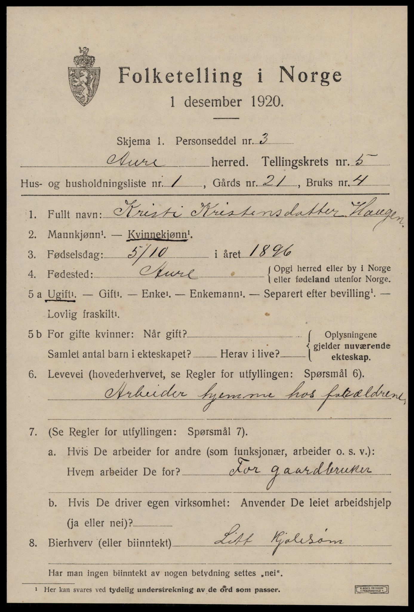 SAT, 1920 census for Aure, 1920, p. 2172