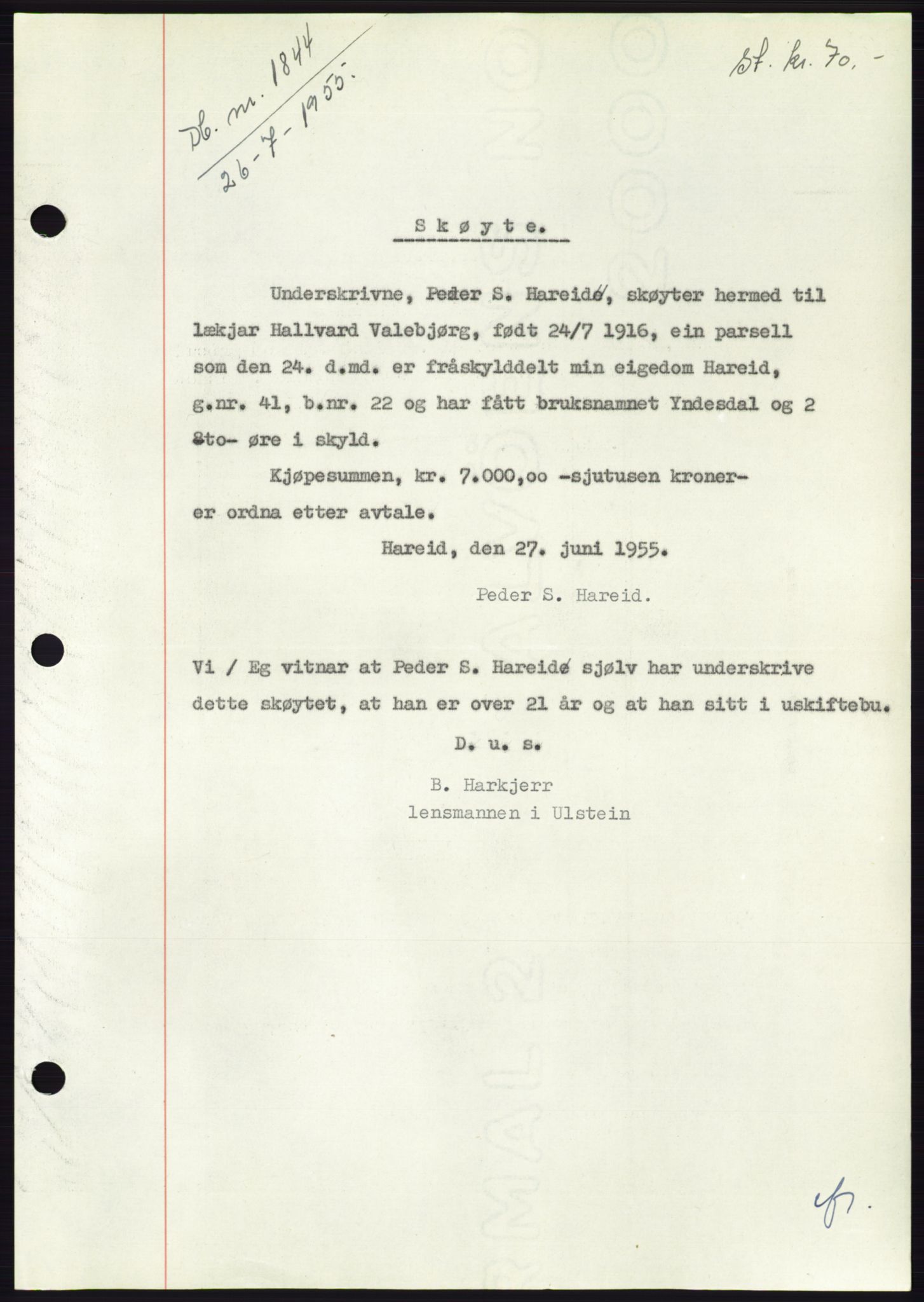 Søre Sunnmøre sorenskriveri, AV/SAT-A-4122/1/2/2C/L0101: Mortgage book no. 27A, 1955-1955, Diary no: : 1844/1955