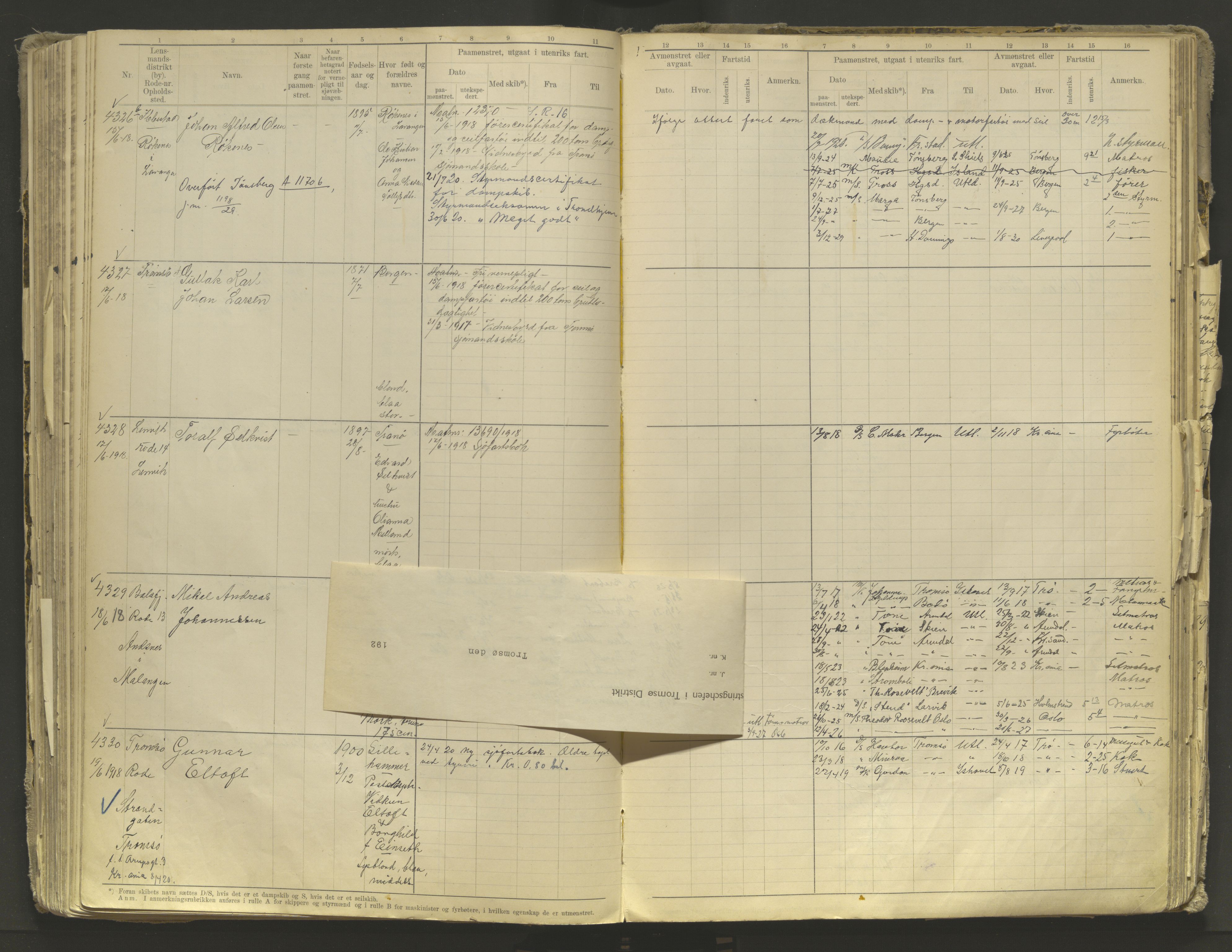 Tromsø sjømannskontor/innrullerings-/mønstringsdistrikt, AV/SATØ-S-0243/F/Fb/L0010: Annotasjonsrulle. Defekt: løs innbinding. Nr. 3519-4972, 1916-1920