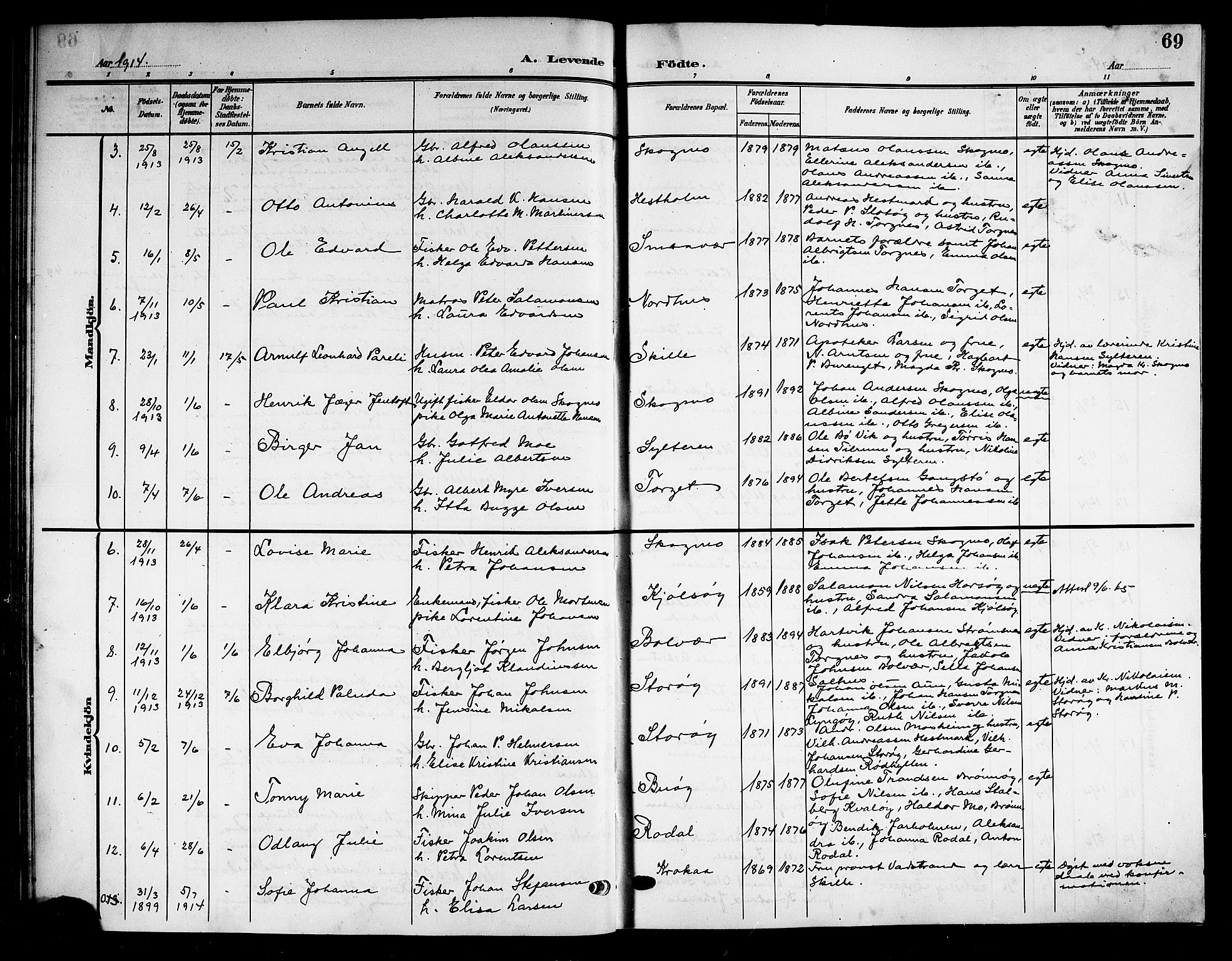Ministerialprotokoller, klokkerbøker og fødselsregistre - Nordland, SAT/A-1459/813/L0214: Parish register (copy) no. 813C06, 1904-1917, p. 69