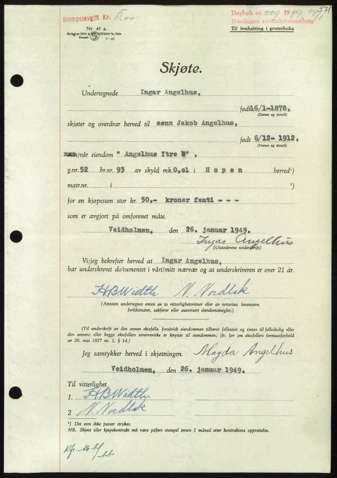 Nordmøre sorenskriveri, AV/SAT-A-4132/1/2/2Ca: Mortgage book no. A110, 1948-1949, Diary no: : 229/1949