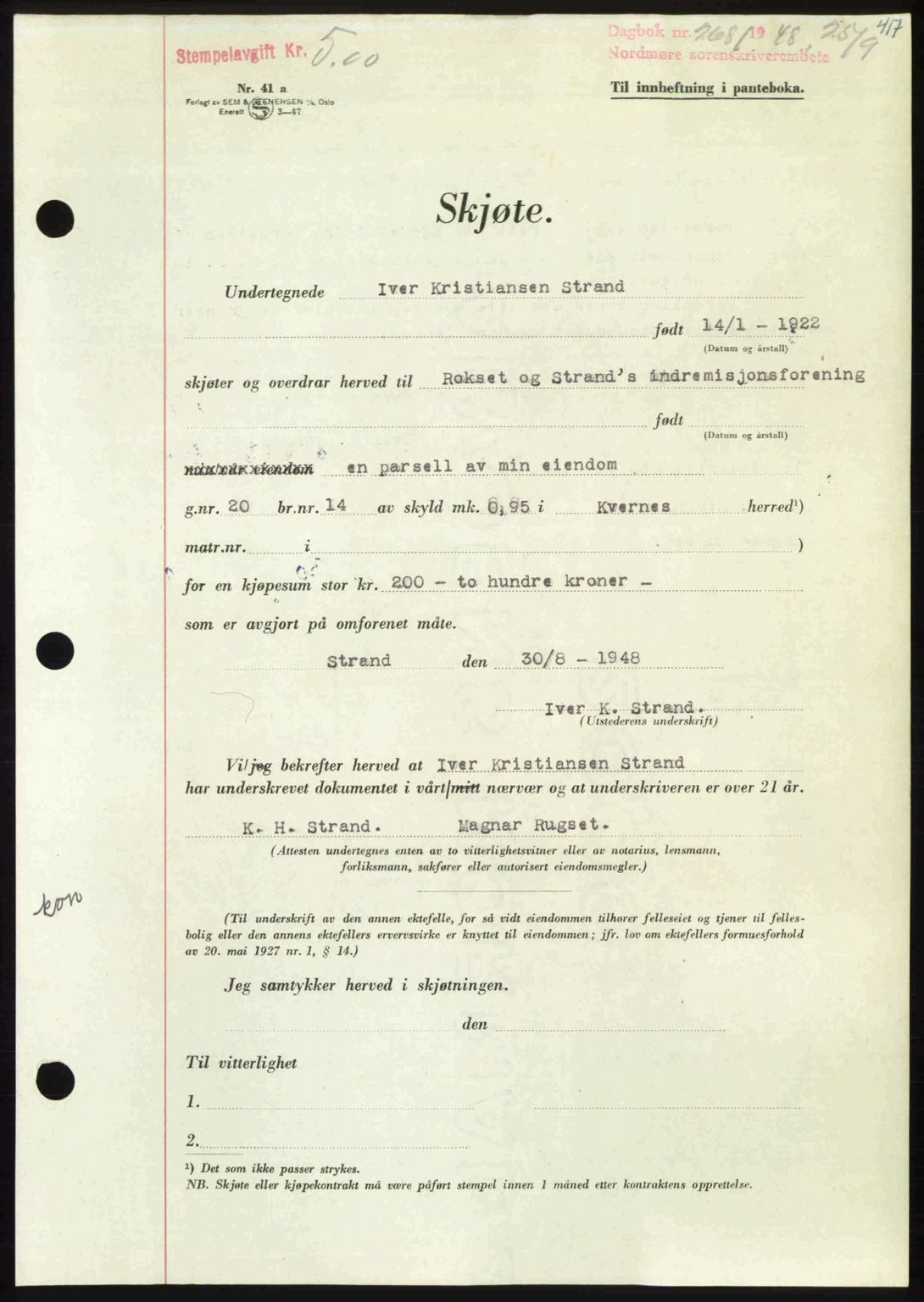 Nordmøre sorenskriveri, AV/SAT-A-4132/1/2/2Ca: Mortgage book no. A109, 1948-1948, Diary no: : 2681/1948