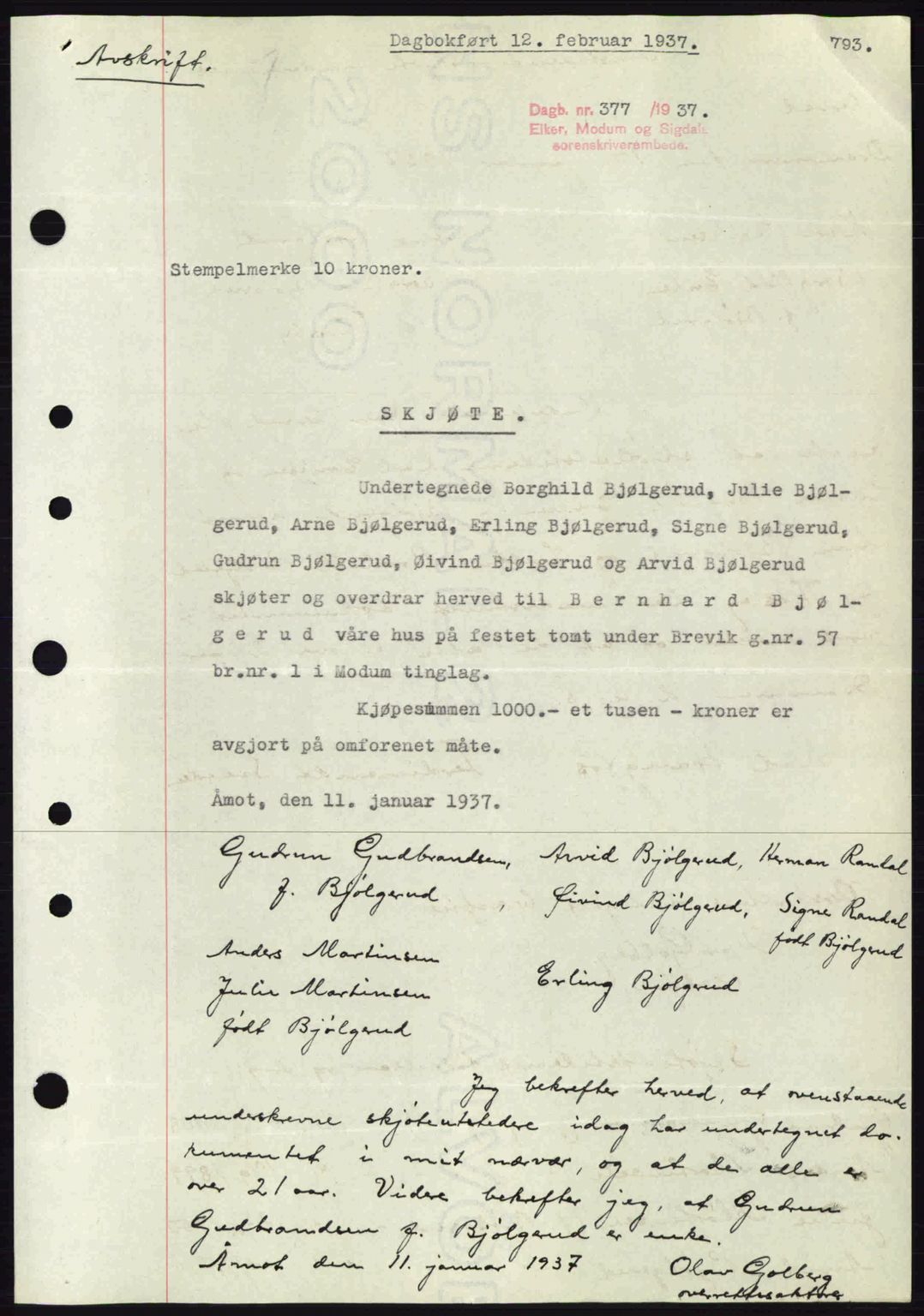 Eiker, Modum og Sigdal sorenskriveri, SAKO/A-123/G/Ga/Gab/L0034: Mortgage book no. A4, 1936-1937, Diary no: : 377/1937