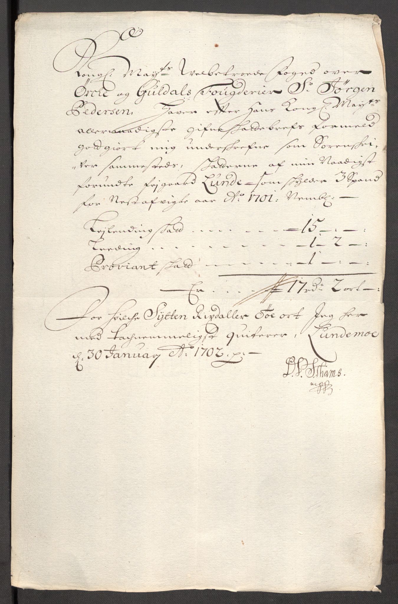 Rentekammeret inntil 1814, Reviderte regnskaper, Fogderegnskap, RA/EA-4092/R60/L3951: Fogderegnskap Orkdal og Gauldal, 1701, p. 285