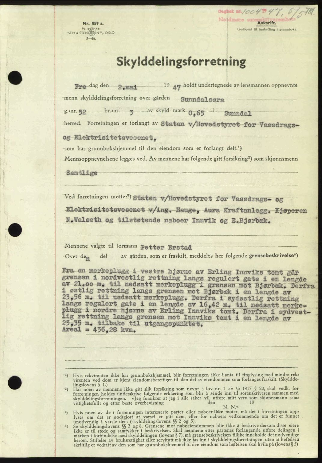 Nordmøre sorenskriveri, AV/SAT-A-4132/1/2/2Ca: Mortgage book no. A104, 1947-1947, Diary no: : 1004/1947