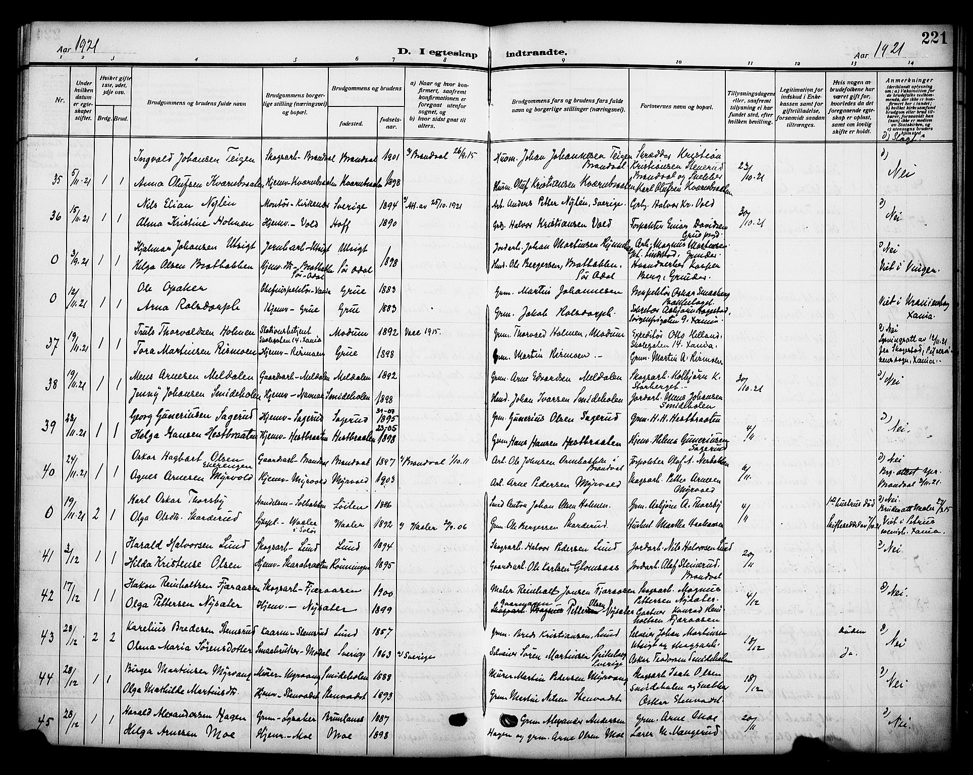Grue prestekontor, SAH/PREST-036/H/Ha/Haa/L0015: Parish register (official) no. 15, 1911-1922, p. 221