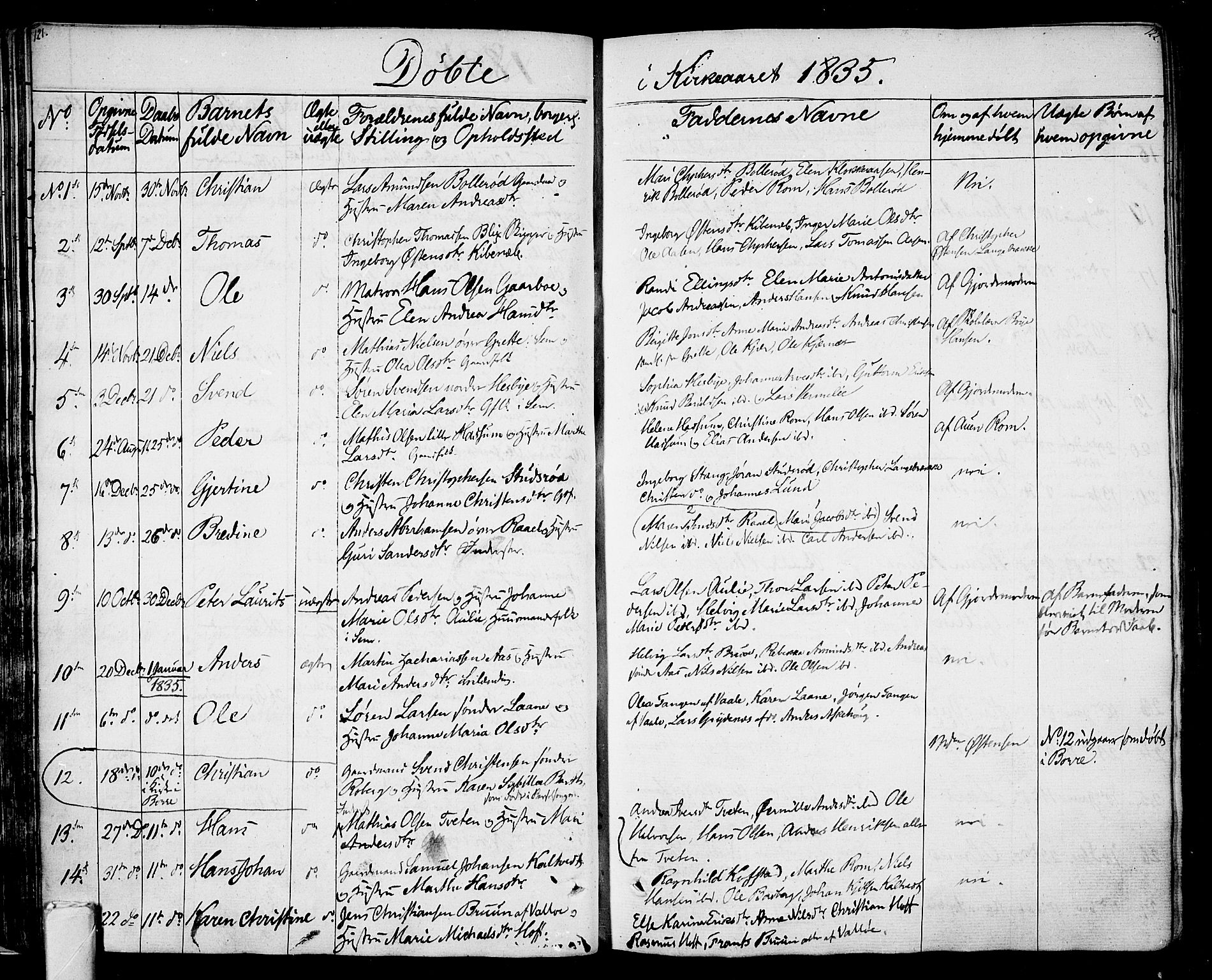 Sem kirkebøker, SAKO/A-5/F/Fa/L0005: Parish register (official) no. I 5, 1825-1842, p. 121-122