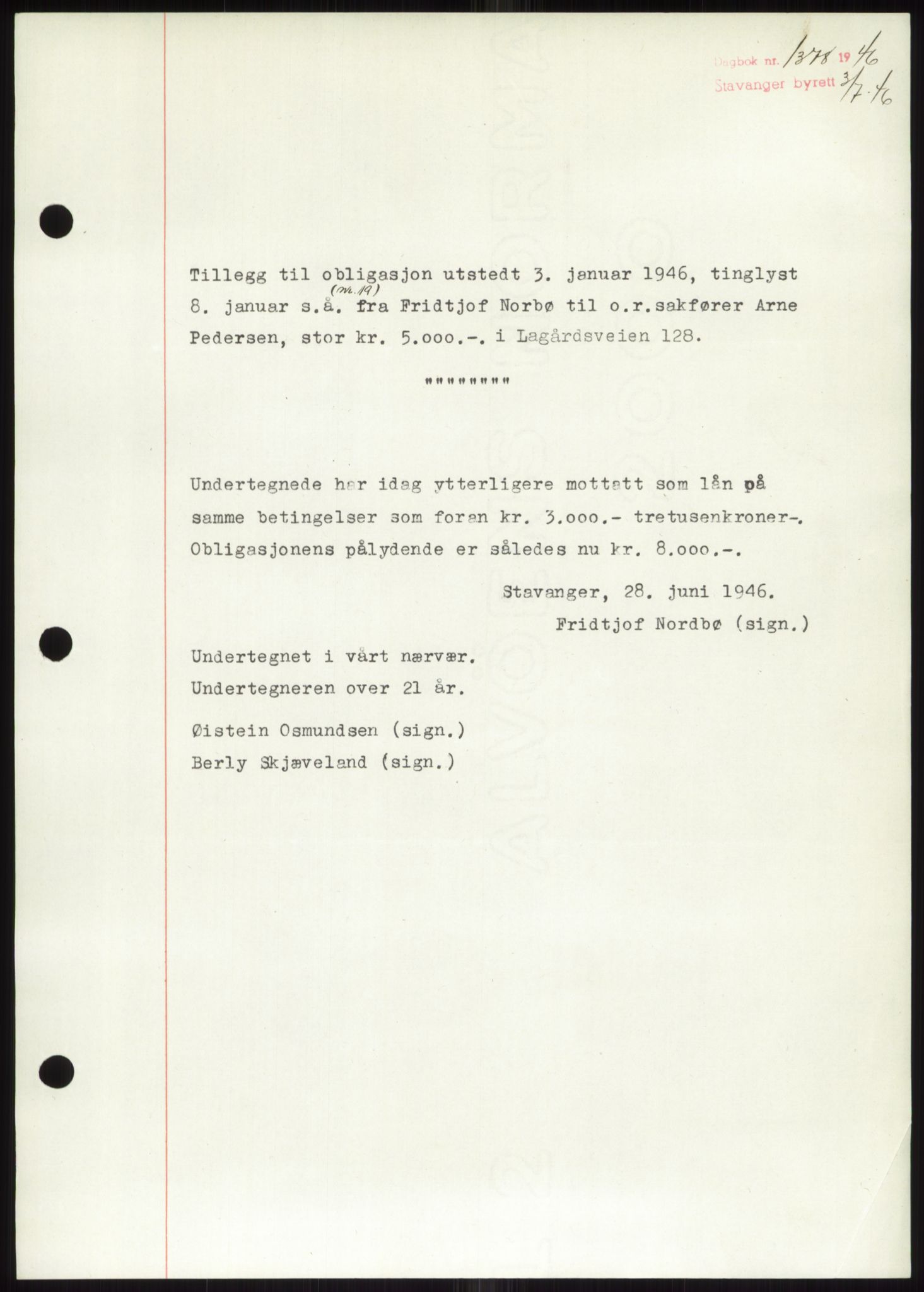 Stavanger byrett, AV/SAST-A-100455/002/G/Gb/L0031: Mortgage book, 1943-1947, Diary no: : 1378/1946