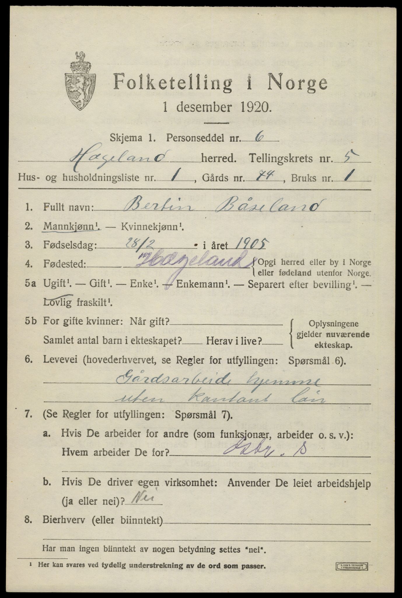 SAK, 1920 census for Hægeland, 1920, p. 1981