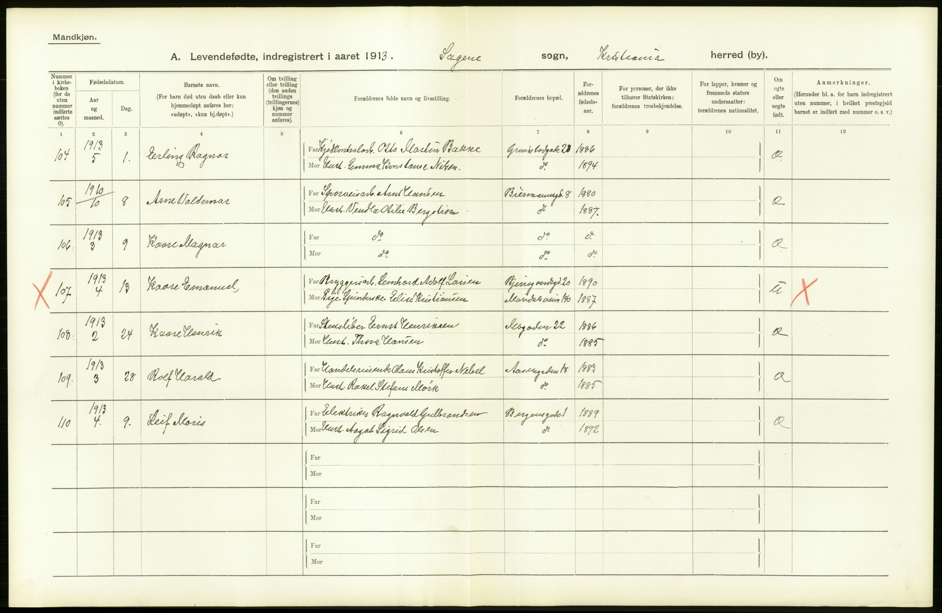 Statistisk sentralbyrå, Sosiodemografiske emner, Befolkning, AV/RA-S-2228/D/Df/Dfb/Dfbc/L0006: Kristiania: Levendefødte menn og kvinner., 1913, p. 40