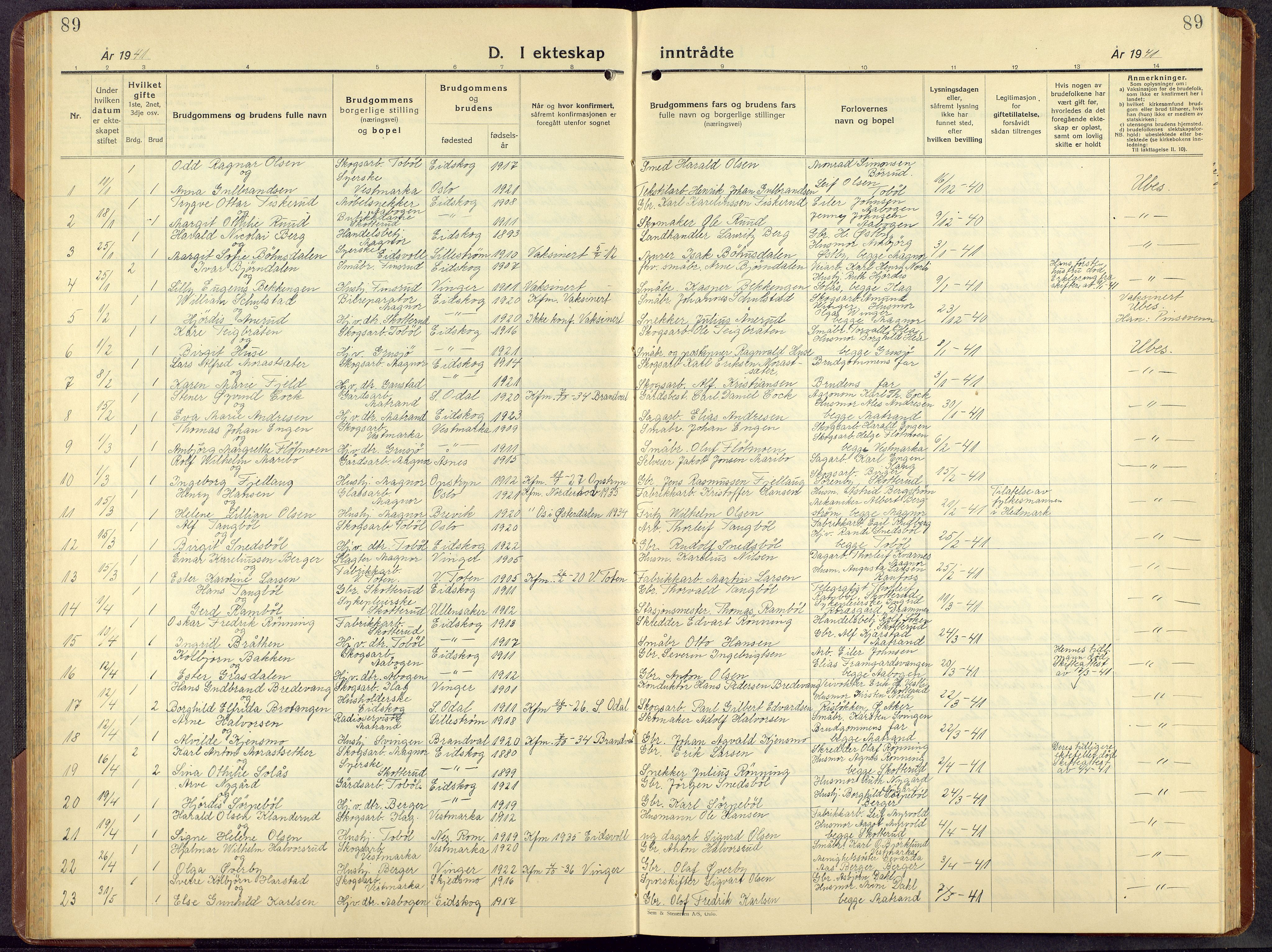 Eidskog prestekontor, AV/SAH-PREST-026/H/Ha/Hab/L0008: Parish register (copy) no. 8, 1938-1959, p. 89