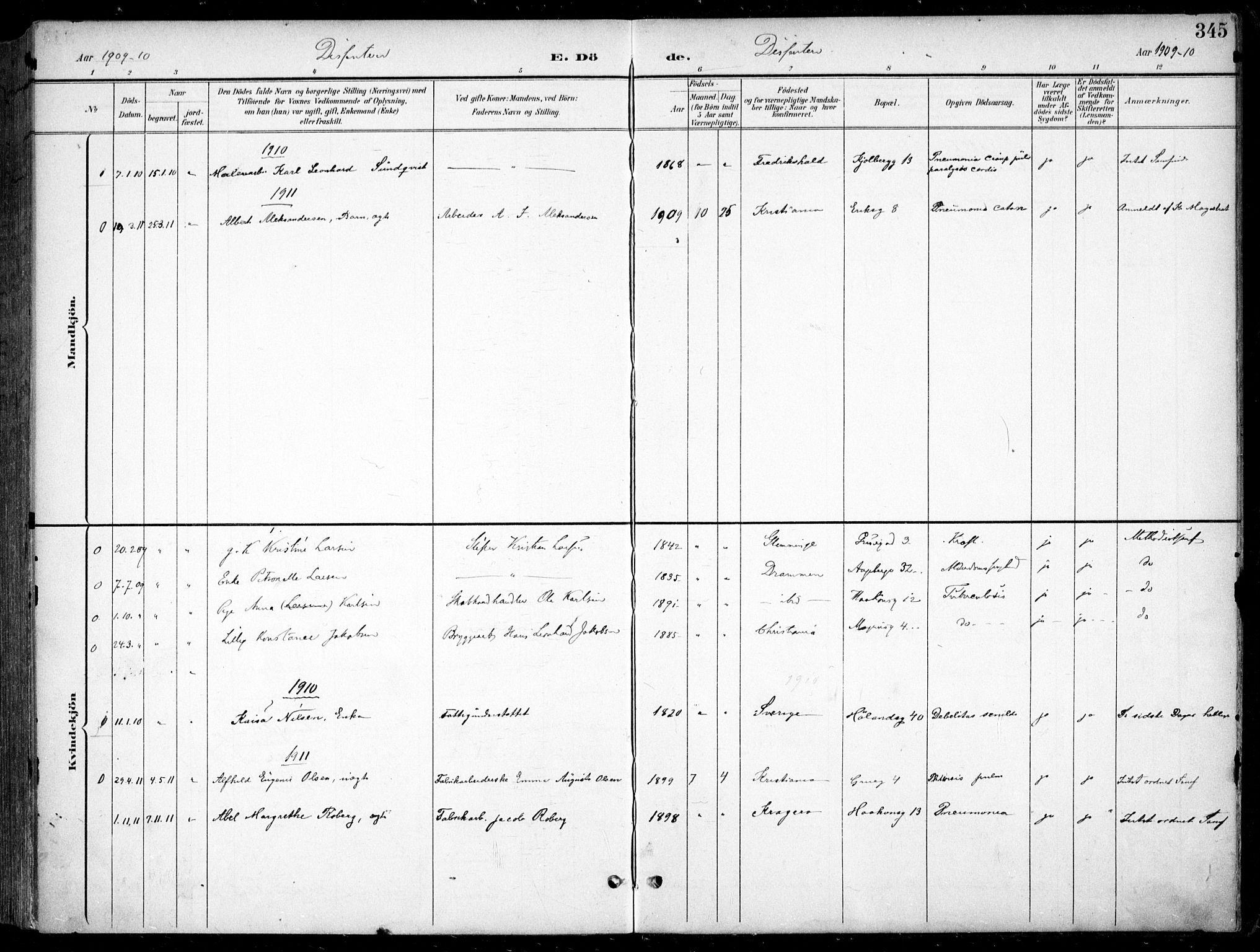 Kampen prestekontor Kirkebøker, SAO/A-10853/F/Fa/L0009: Parish register (official) no. I 9, 1899-1911, p. 345
