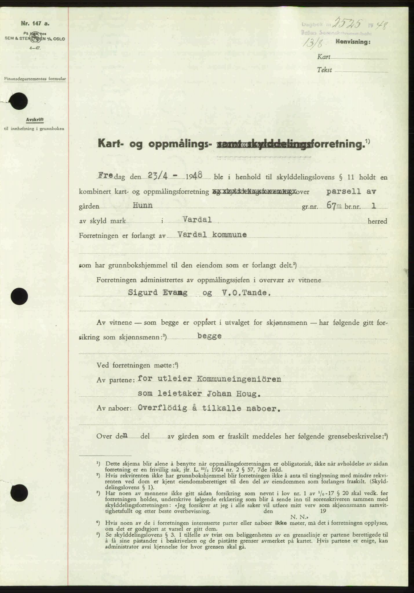 Toten tingrett, SAH/TING-006/H/Hb/Hbc/L0020: Mortgage book no. Hbc-20, 1948-1948, Diary no: : 2525/1948