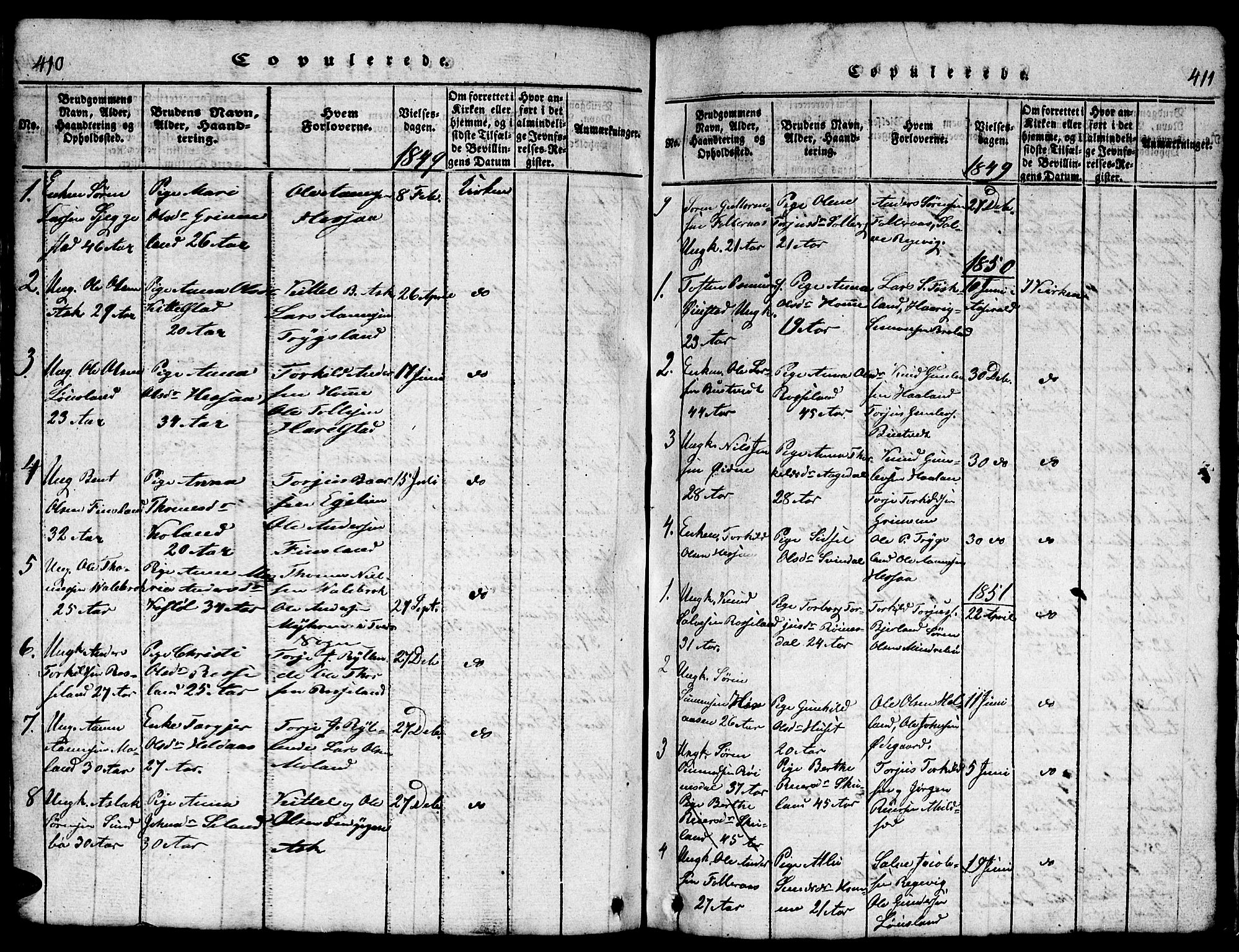Bjelland sokneprestkontor, AV/SAK-1111-0005/F/Fb/Fba/L0003: Parish register (copy) no. B 3, 1816-1870, p. 410-411