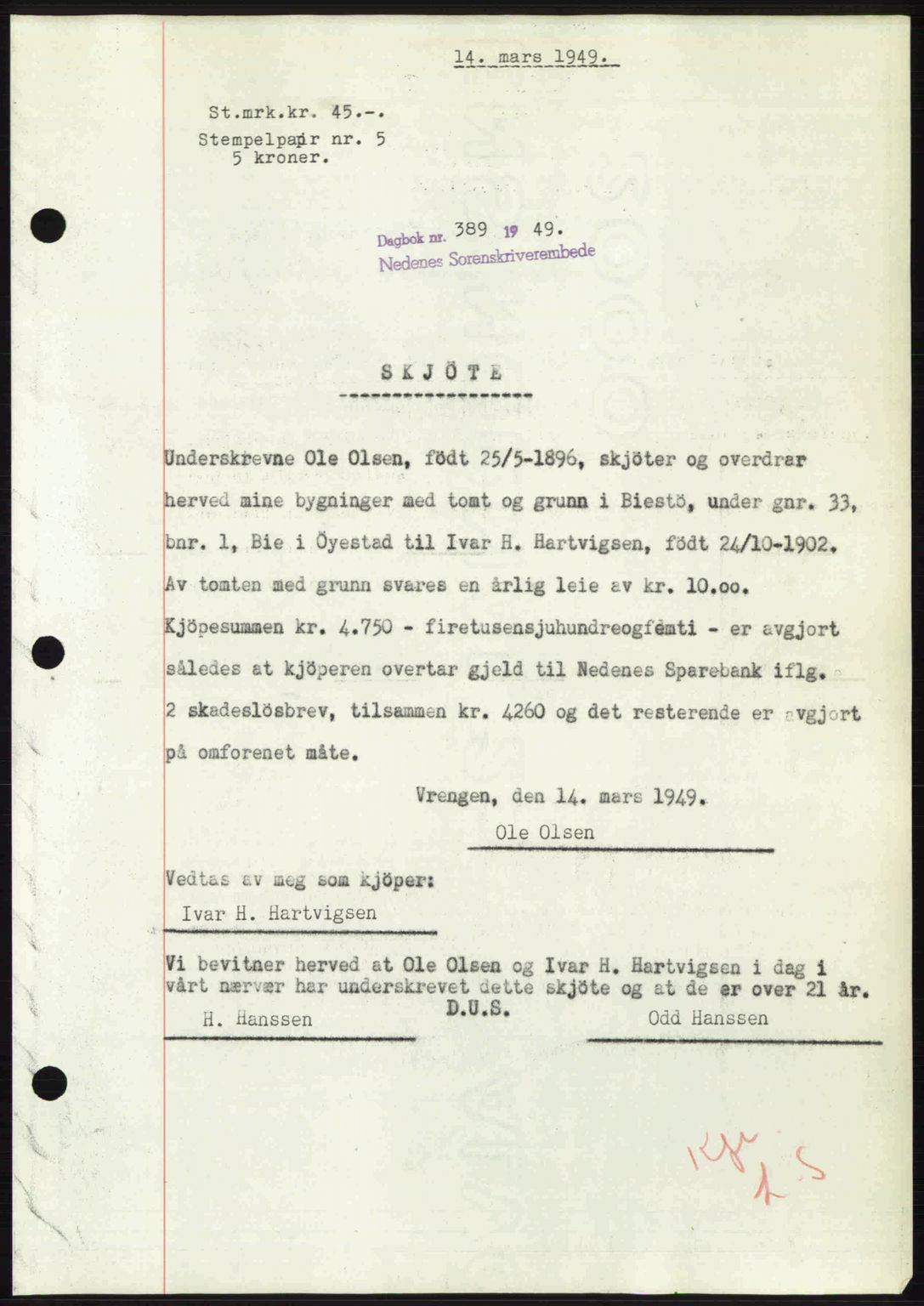 Nedenes sorenskriveri, SAK/1221-0006/G/Gb/Gba/L0060: Mortgage book no. A12, 1948-1949, Diary no: : 389/1949