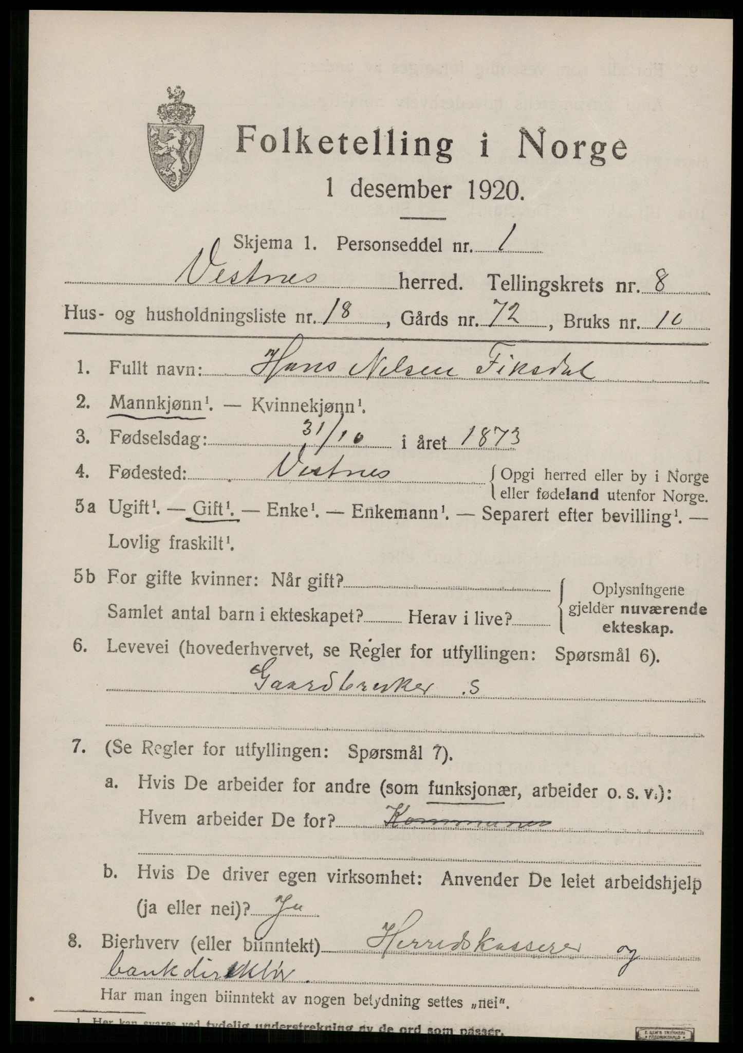 SAT, 1920 census for Vestnes, 1920, p. 5765