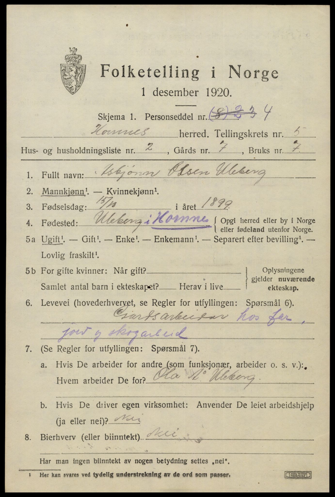 SAK, 1920 census for Hornnes, 1920, p. 1353