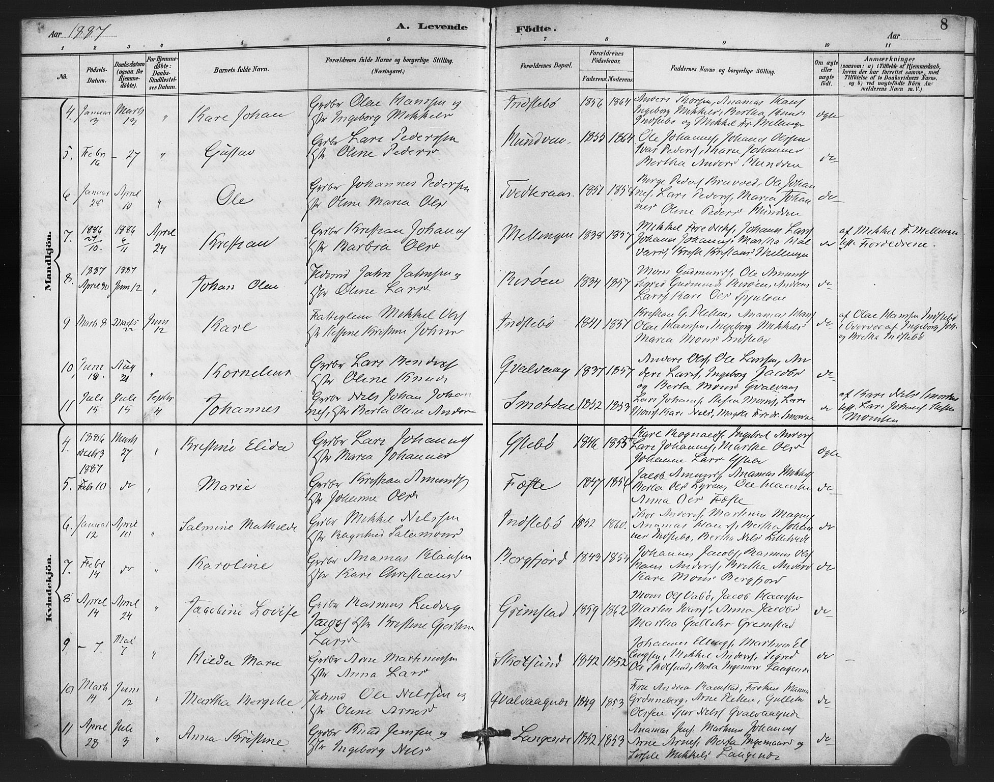 Lindås Sokneprestembete, SAB/A-76701/H/Haa: Parish register (official) no. E 1, 1886-1897, p. 8