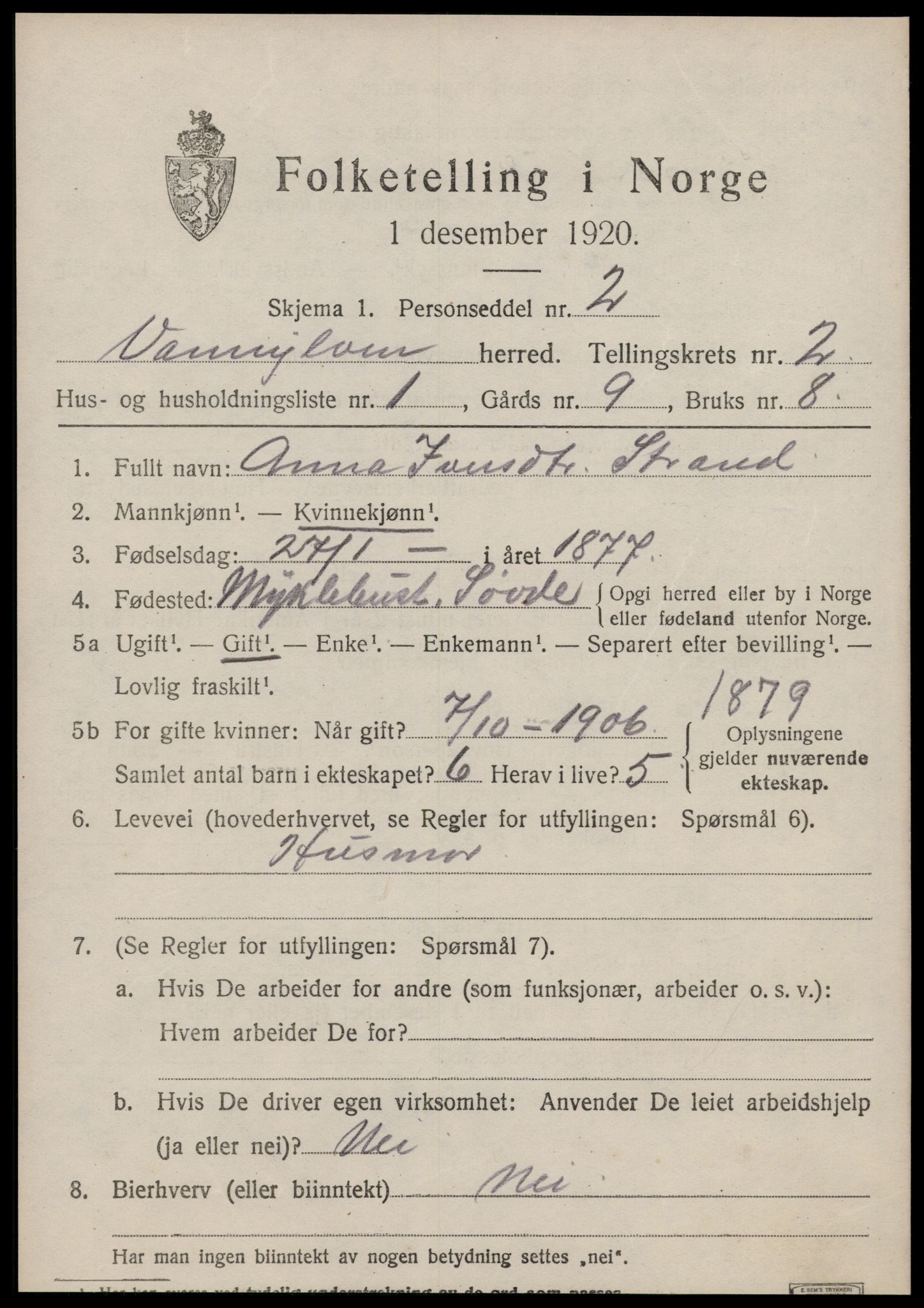 SAT, 1920 census for Vanylven, 1920, p. 1015