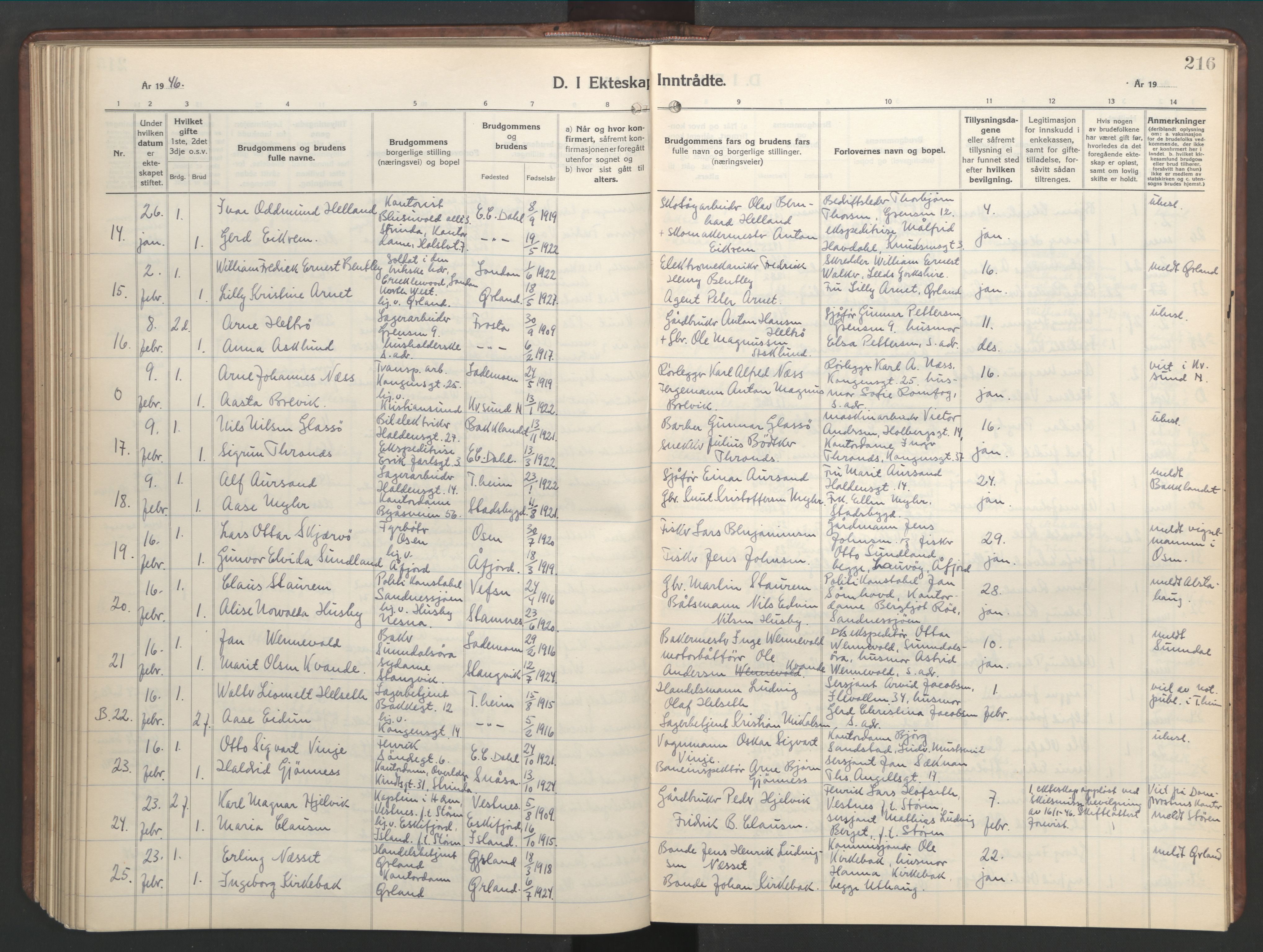 Ministerialprotokoller, klokkerbøker og fødselsregistre - Sør-Trøndelag, SAT/A-1456/601/L0101: Parish register (copy) no. 601C19, 1935-1946, p. 216
