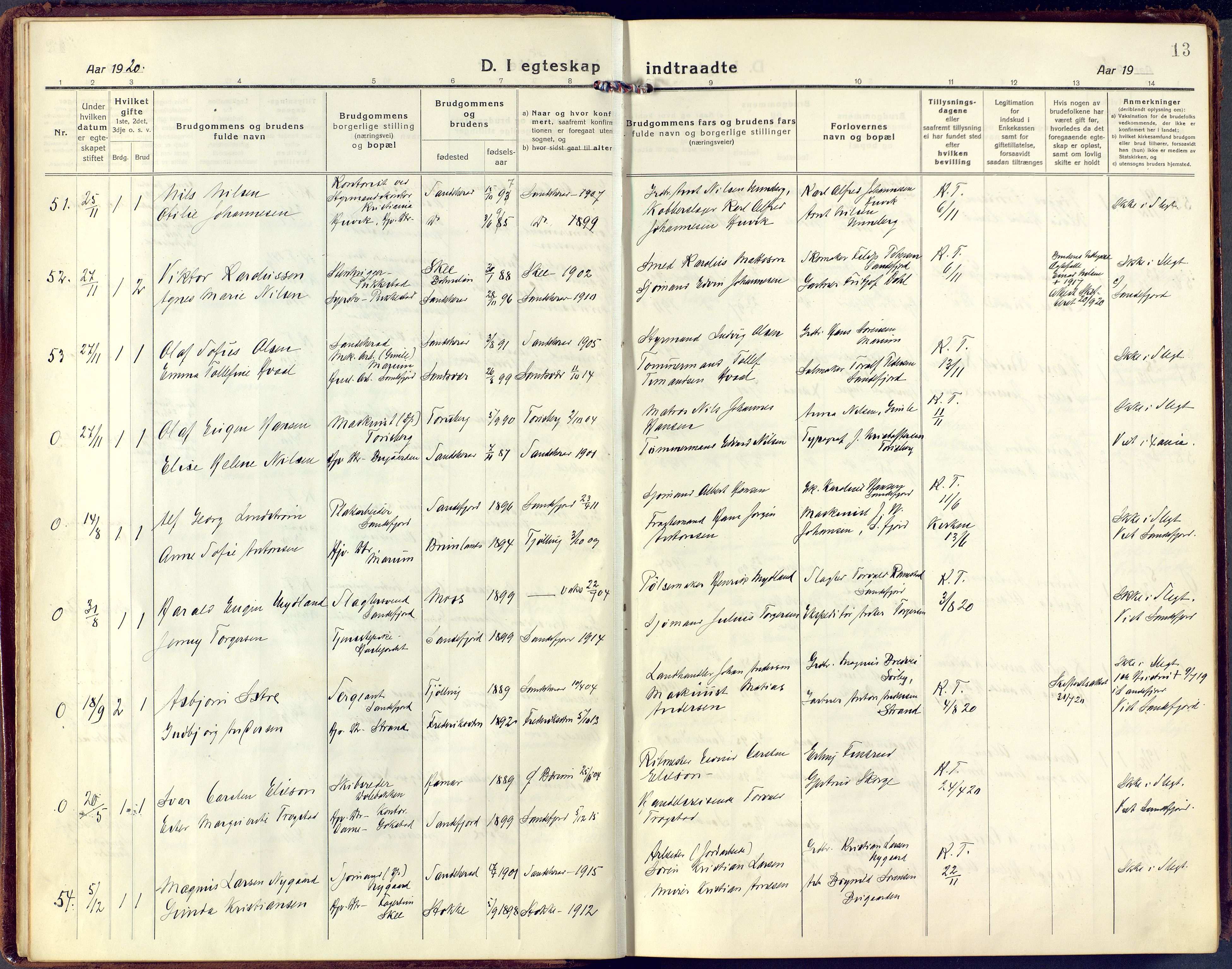 Sandar kirkebøker, SAKO/A-243/F/Fa/L0021: Parish register (official) no. 21, 1919-1925, p. 13
