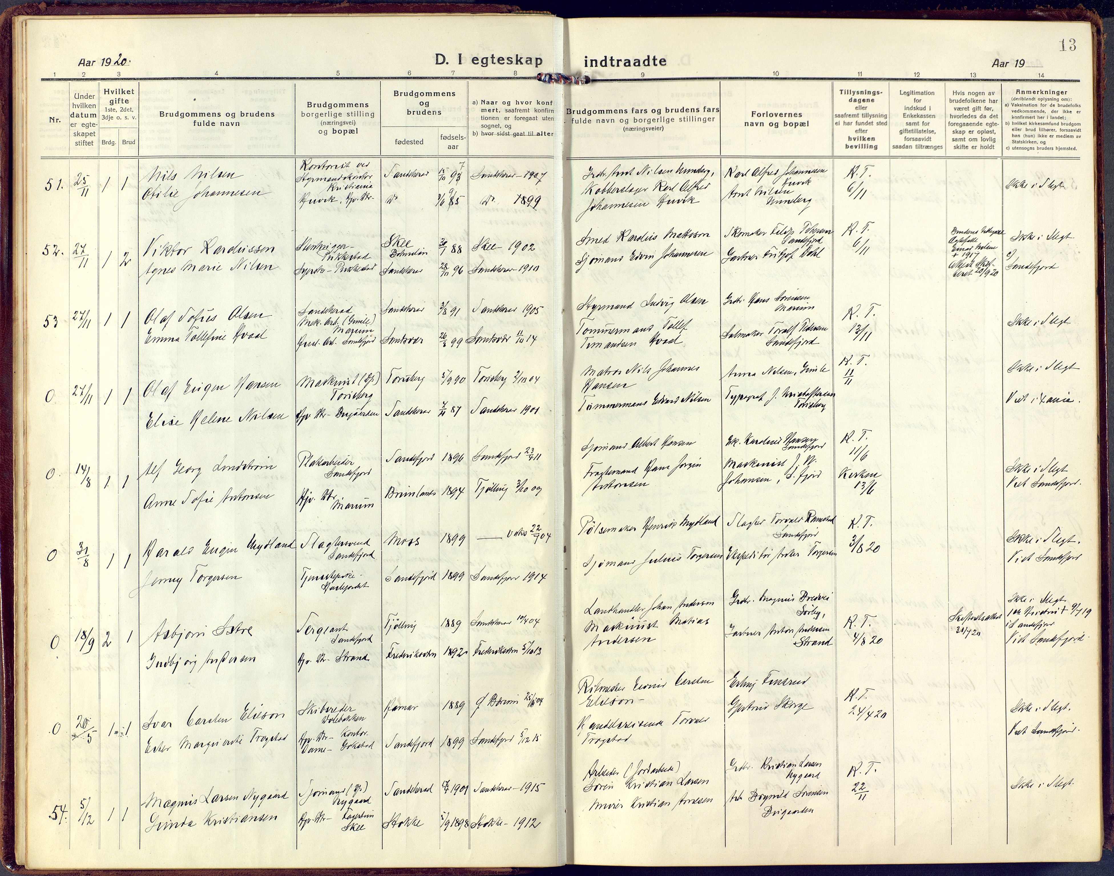 Sandar kirkebøker, AV/SAKO-A-243/F/Fa/L0021: Parish register (official) no. 21, 1919-1925, p. 13