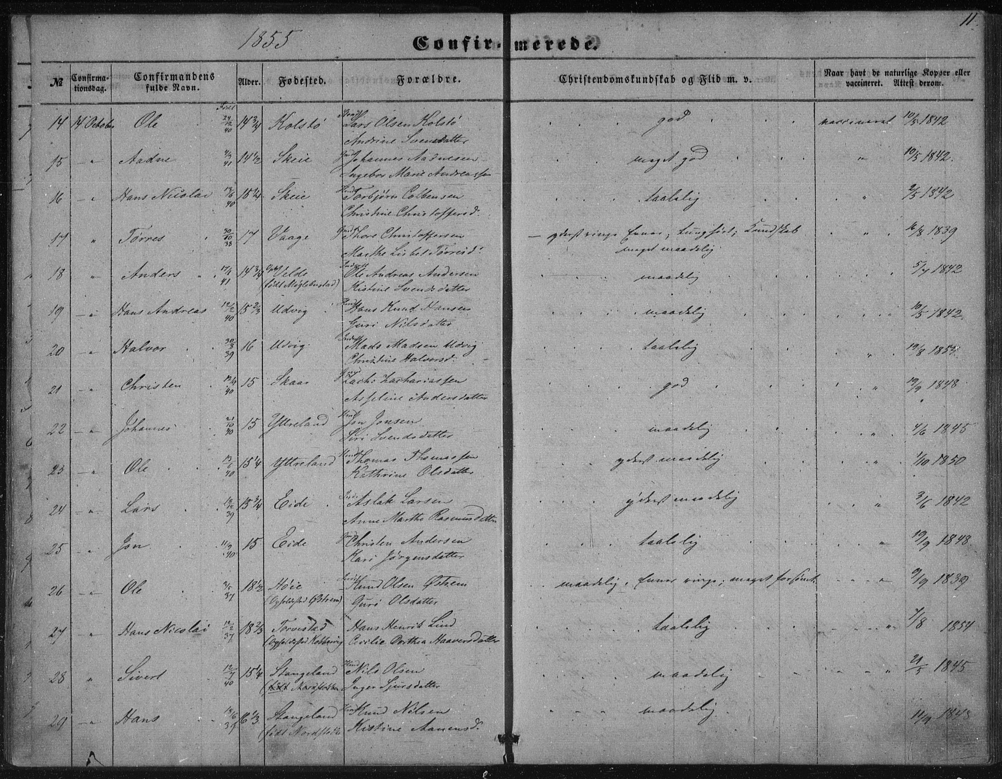 Avaldsnes sokneprestkontor, AV/SAST-A -101851/H/Ha/Haa/L0009: Parish register (official) no. A 9, 1853-1865, p. 11